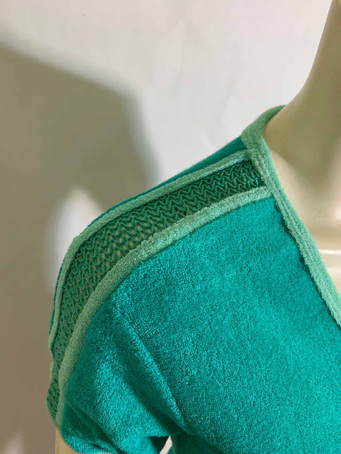 Teal Knit V Neck Shirt with Mesh Shoulders circa 1980s