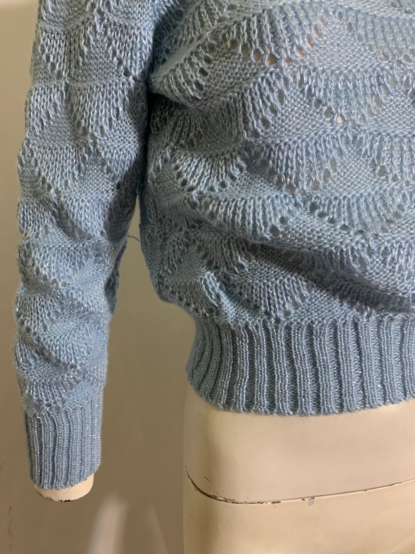 Sky Blue V Neck Sweater with Silver Metallic Threads circa 1970s