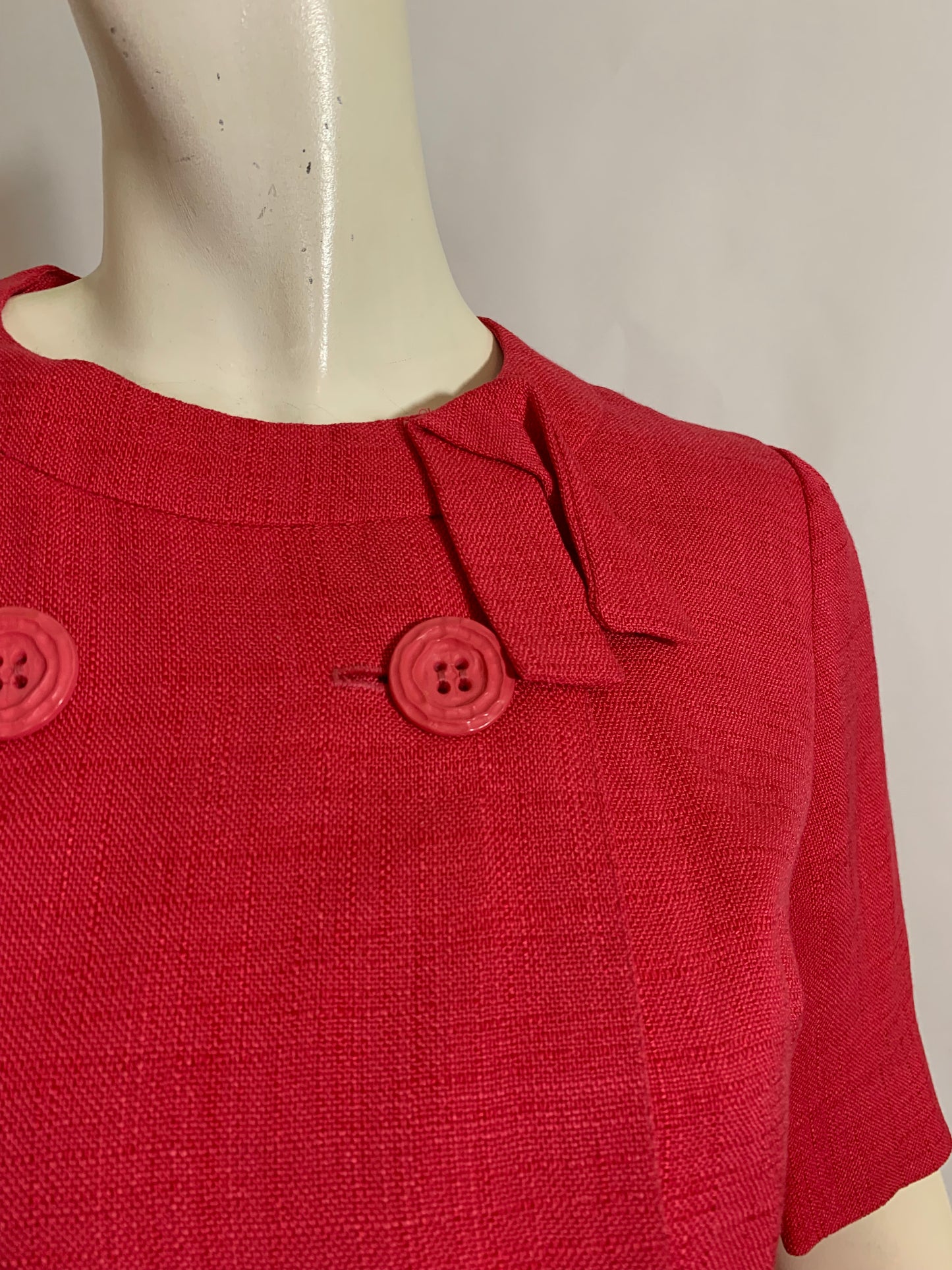 Peony Pink Linen Look 3 Pc Dress Set with Sweater circa 1960s