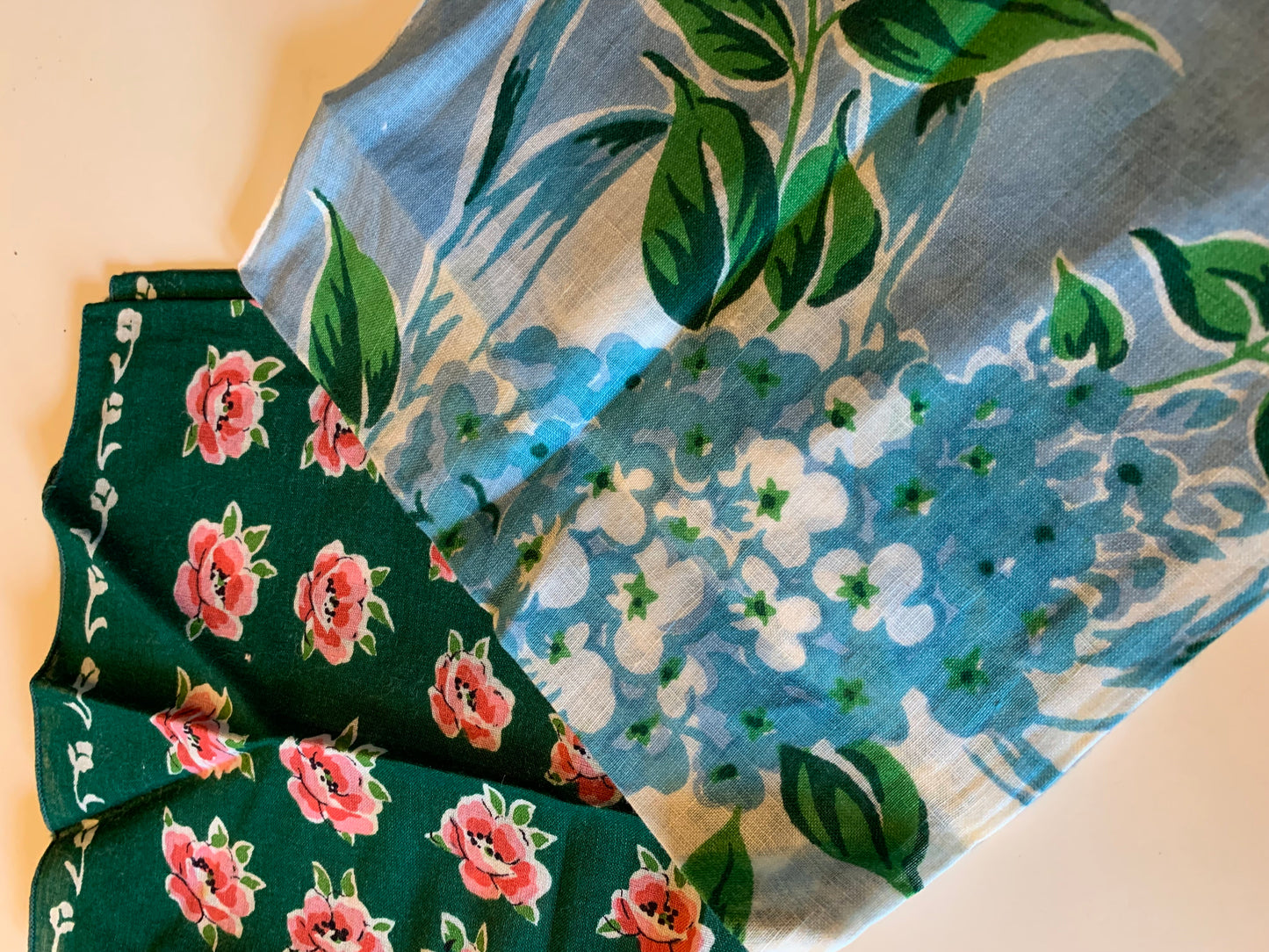 Roses and Hydrangeas Handkerchiefs Lot 2 circa 1940s