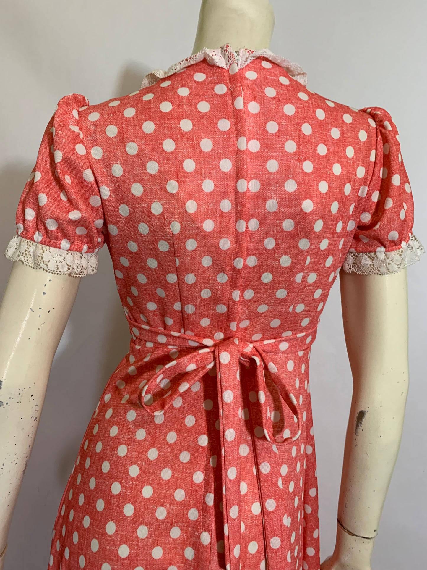 Pink and White Empire Waist Puff Sleeved Polka Dot Maxi Dress circa 1970s