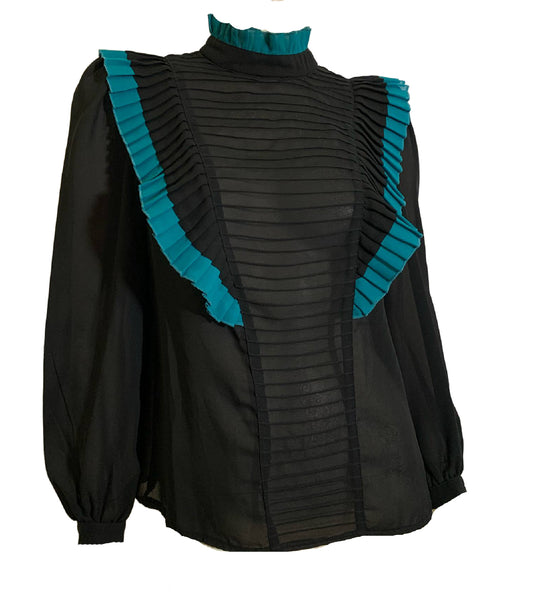 New Wave Sharp Pleated Black and Turquoise Blouse circa 1980s