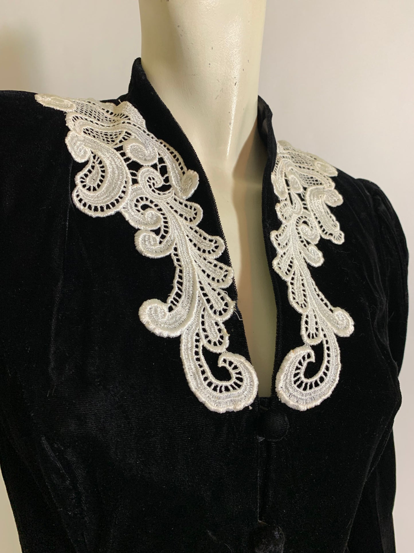 Noir Diva Black Velvet Nipped Waist Jacket with Lace Trim circa 1980s