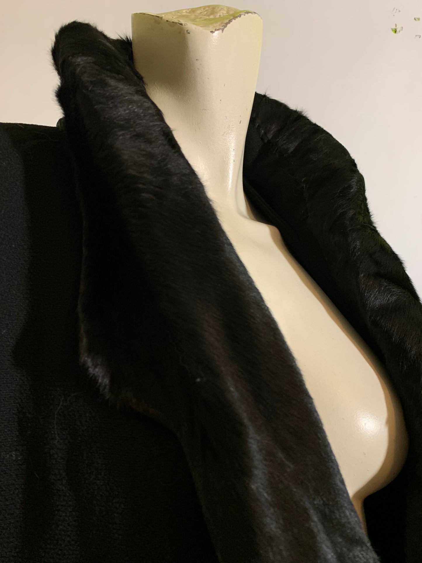 Glamorous Black Silk Coat with Sculpted Black Fur Stand Up Collar and Trim circa 1920s