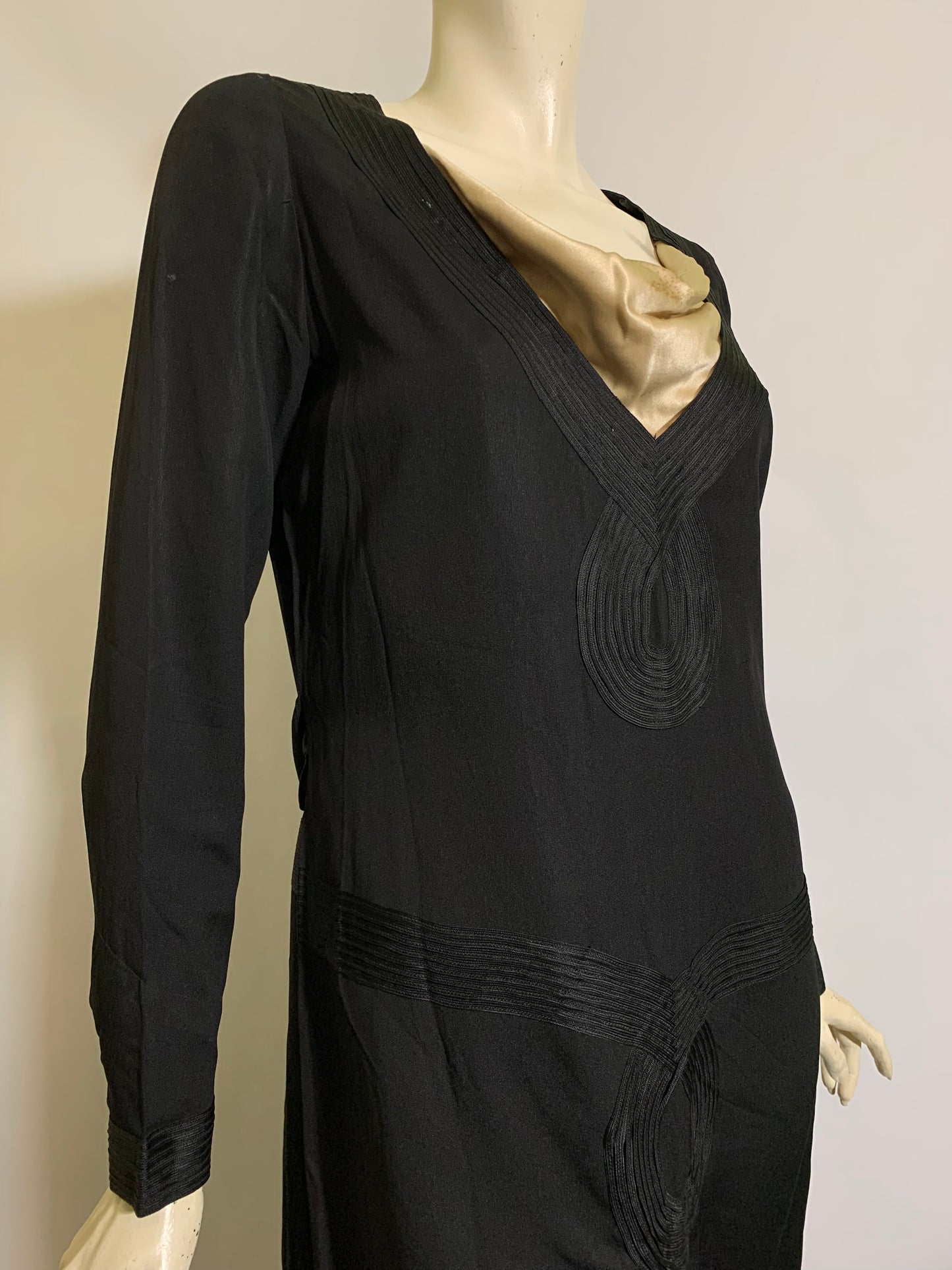Jet Black Soutache Trimmed Dropped Waist Silk Dress circa 1920s