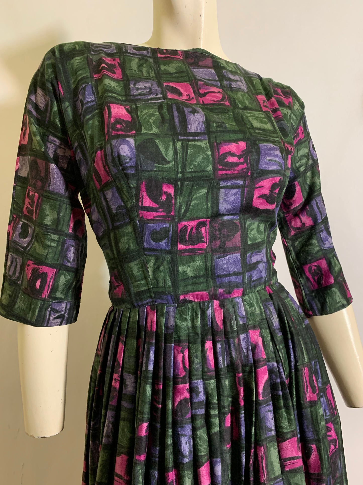 Pink and Green Abstract Print Cotton Dress with Full Skirt circa 1960s