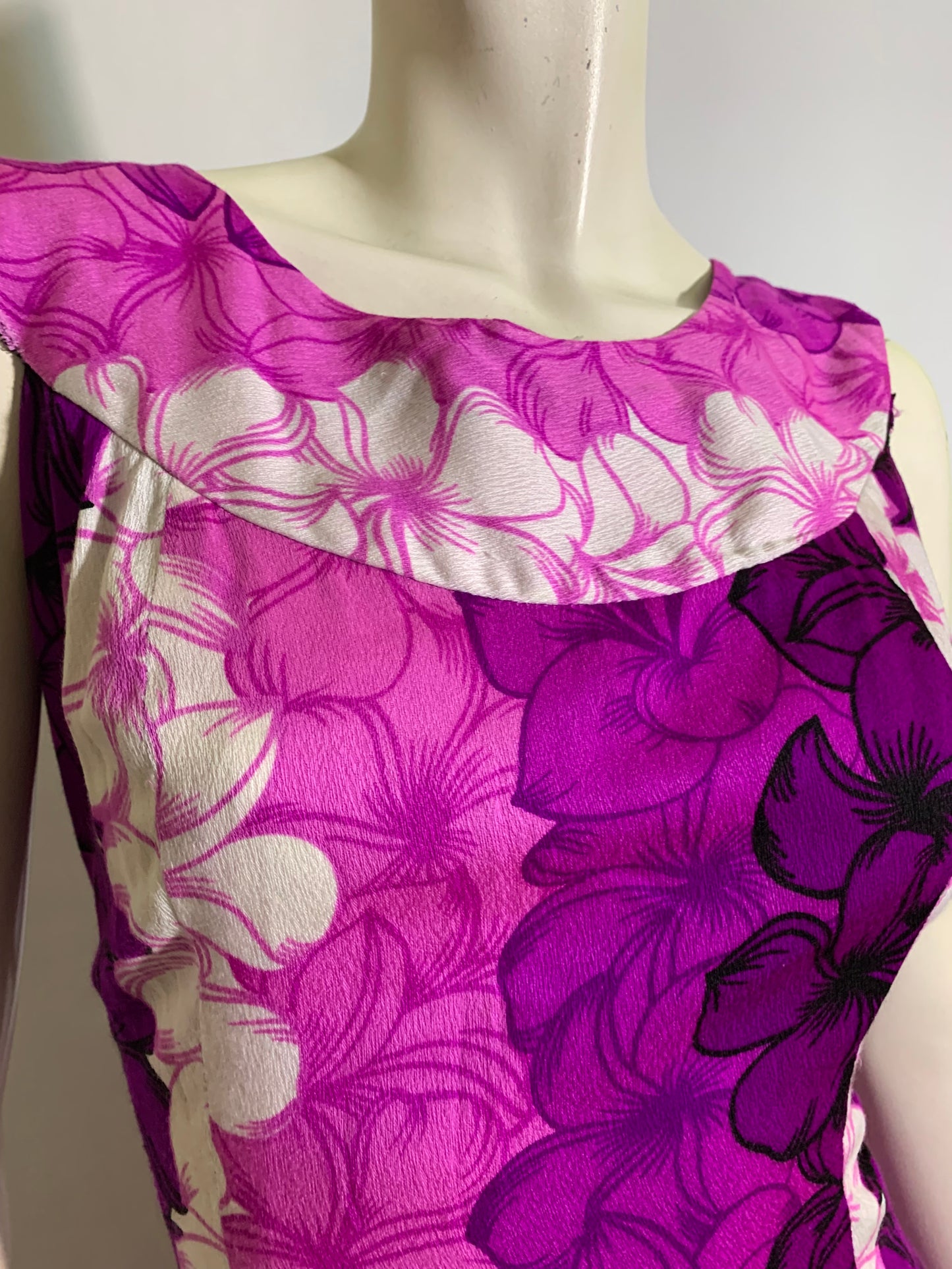 Purple and Pink Plumeria Print Hawaiian Maxi Dress with Watteau Train circa 1980s
