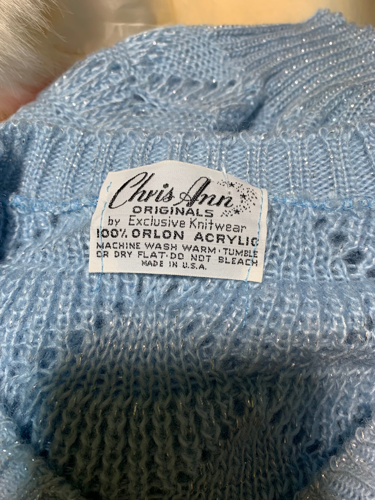 Sky Blue V Neck Sweater with Silver Metallic Threads circa 1970s