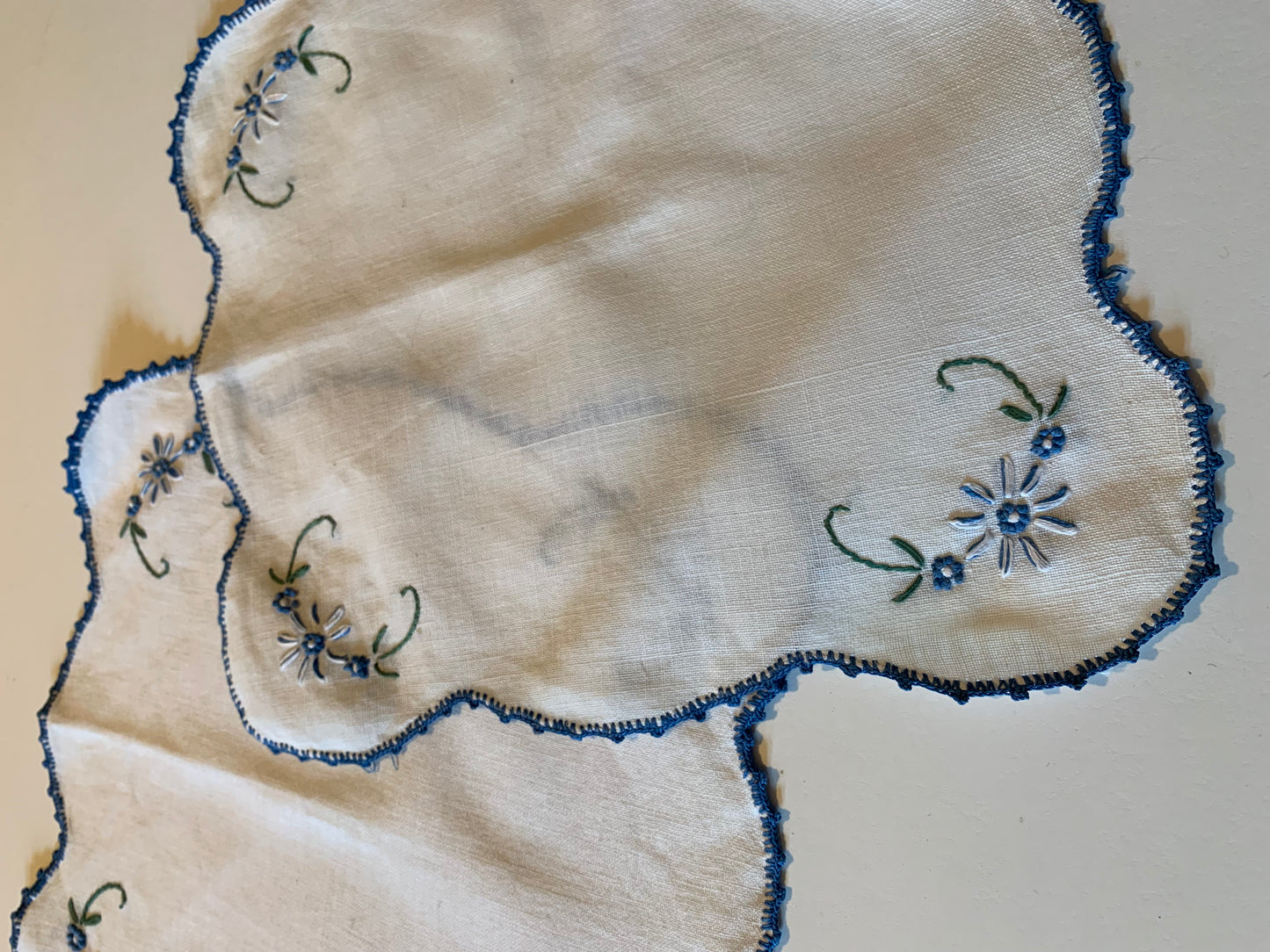 Set Two Blue Embroidered White Handkerchief Scalloped Edges circa 1940s