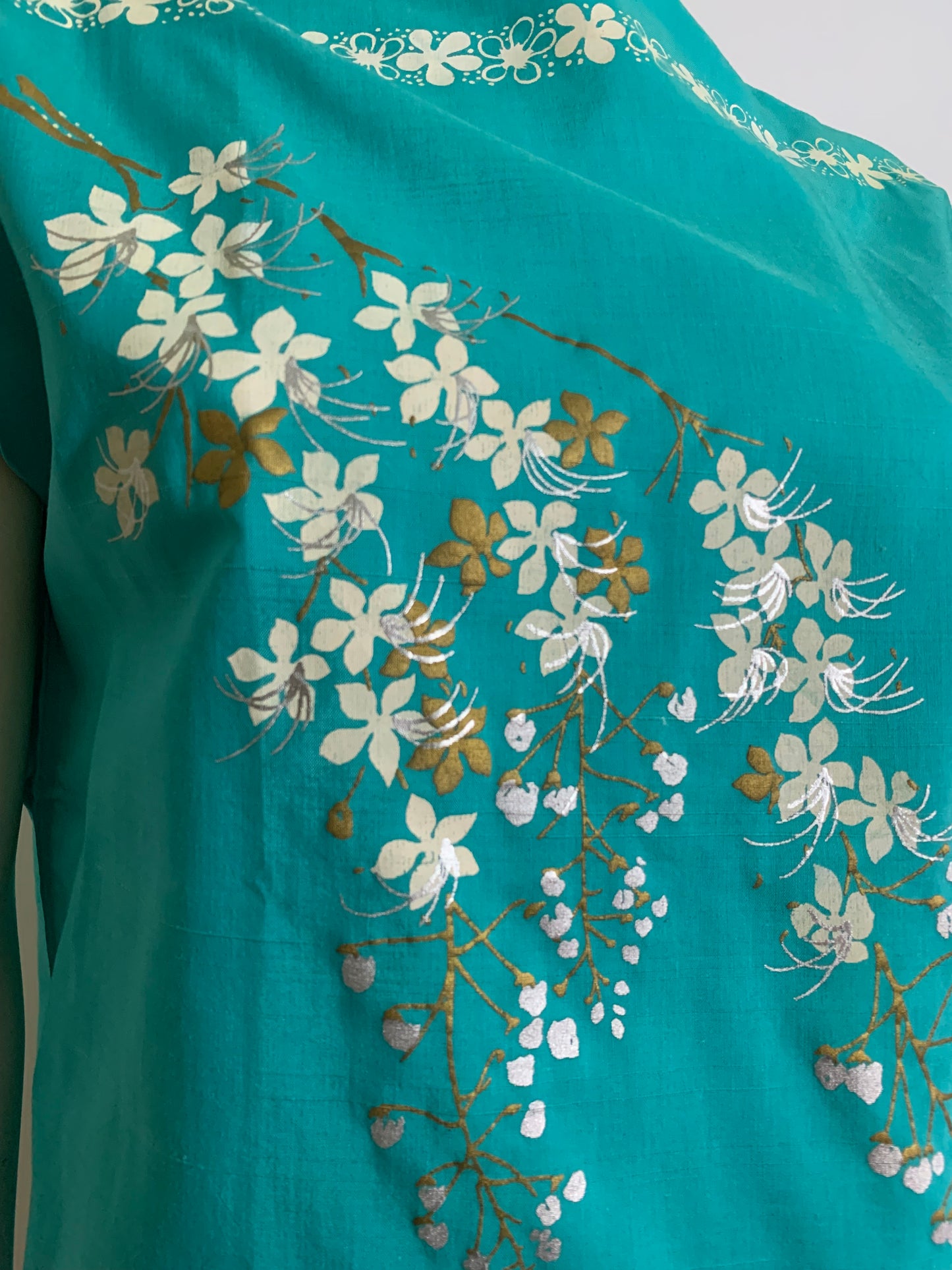 Crisp Aqua Blue Boxy Cut Blouse with Screen Print Florals circa 1960s
