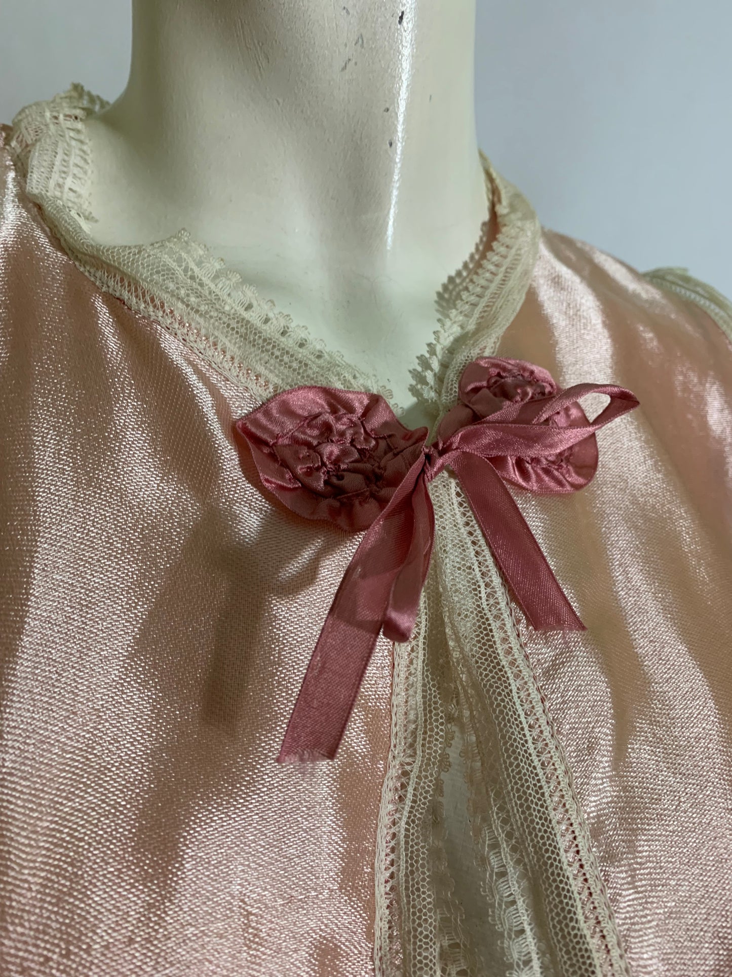 Sweet Pink Tie Front Lingerie Top with Lace and Rosette circa 1960s