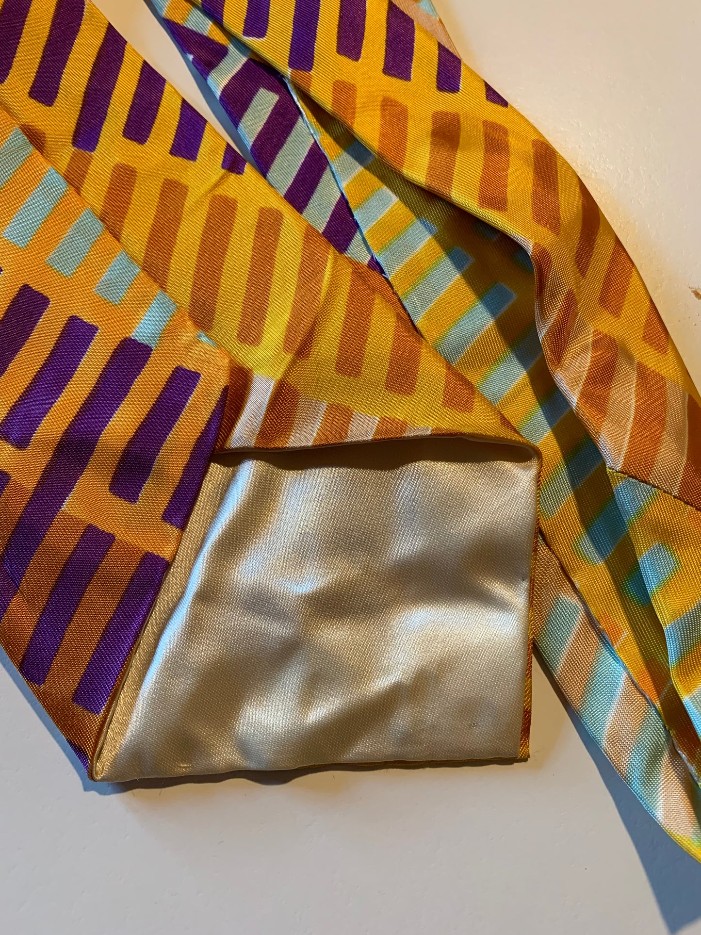 Dandy Worthy Purple, Orange and Yellow Geometric Design Silk Tie circa 1940s