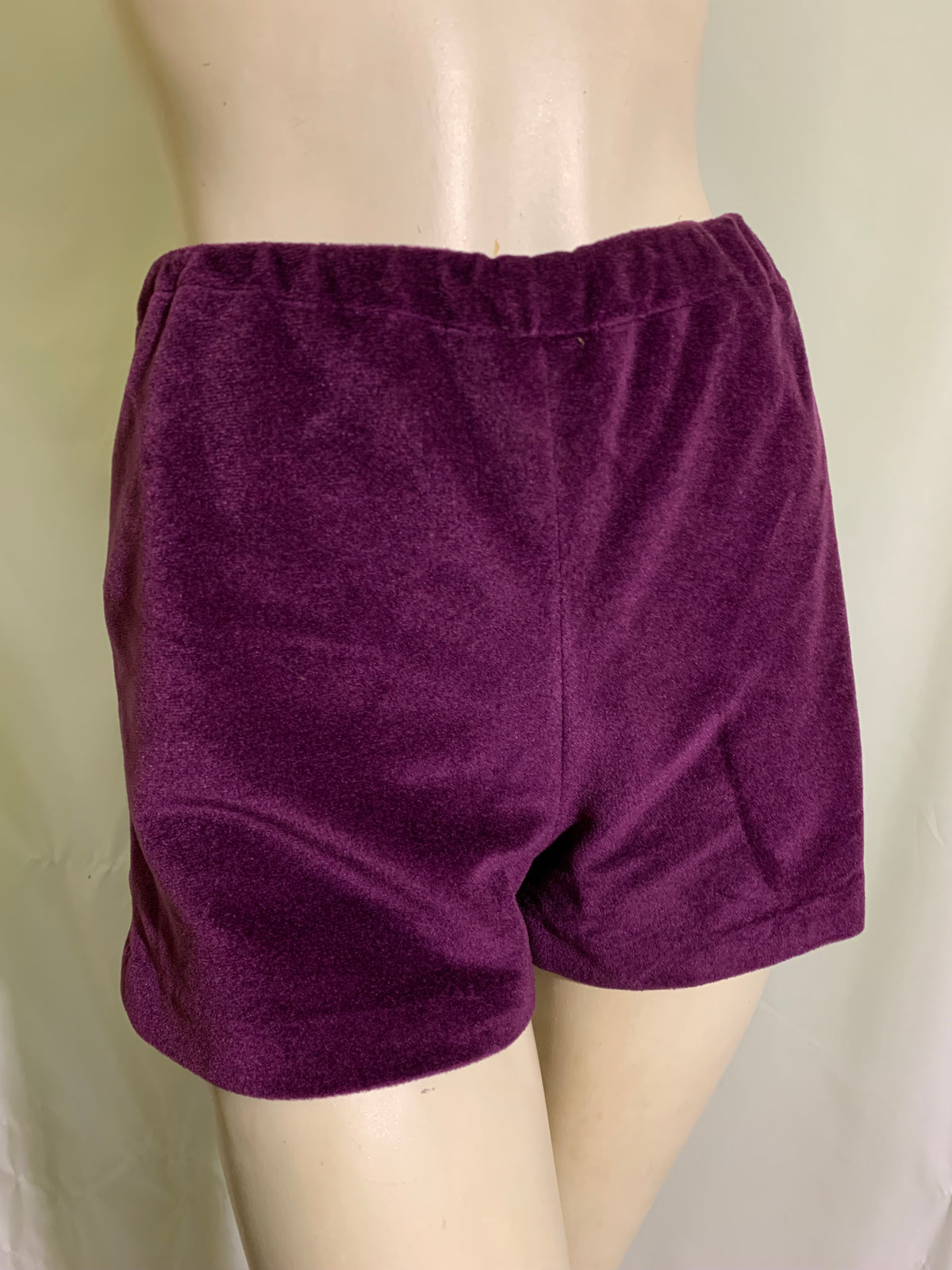 Aubergine Purple Velour Hot Pants and Split Front Mini Dress with Choker Collar circa 1970s