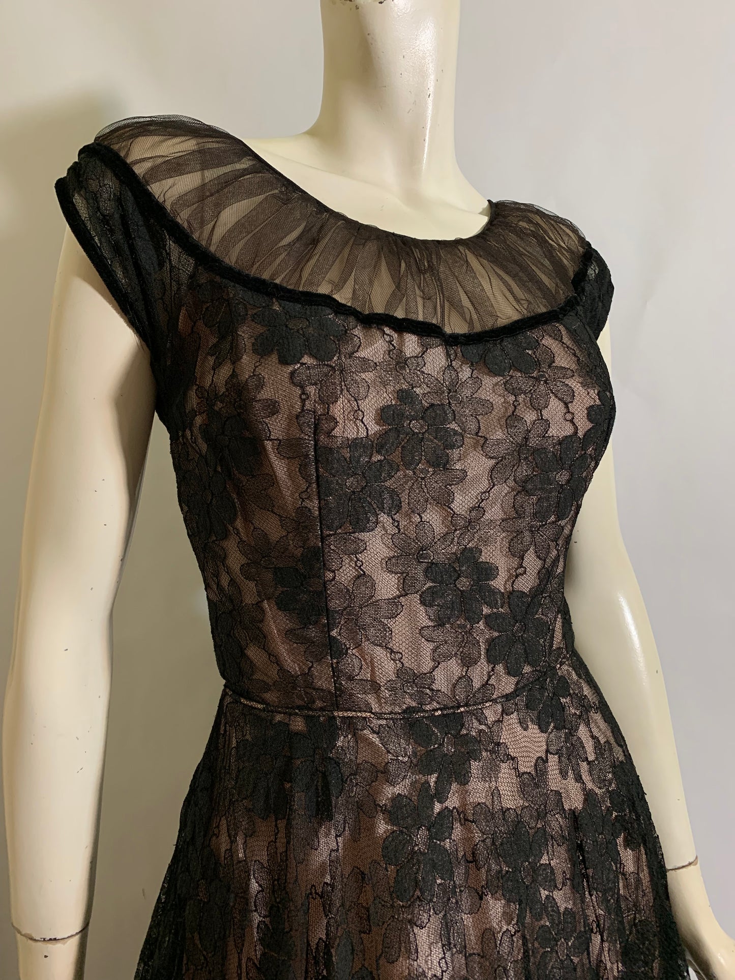 Lingerie Inspired Black and Pink Chiffon Lace Party Dress by Emma Domb circa 1950s