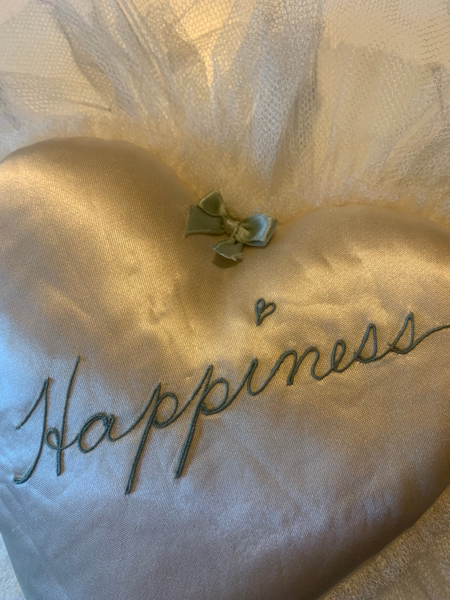 Something Old, Something Blue- "Happiness" Embroidered Satin Heart Shaped Pillow circa 1940s