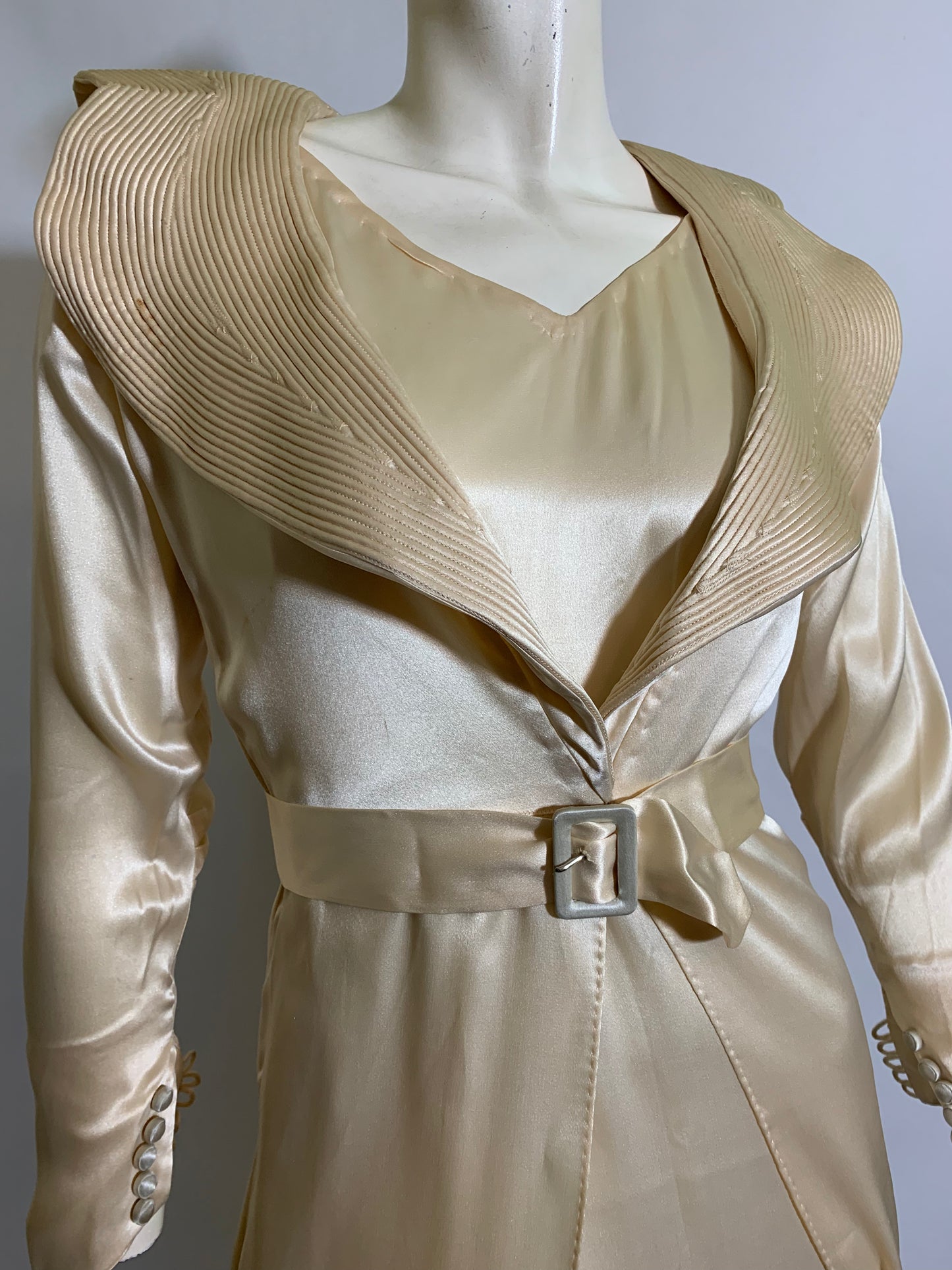 Art Deco Ivory Silk Wedding Dress with Long Train Jacket and Rhinestone Belt circa 1930s