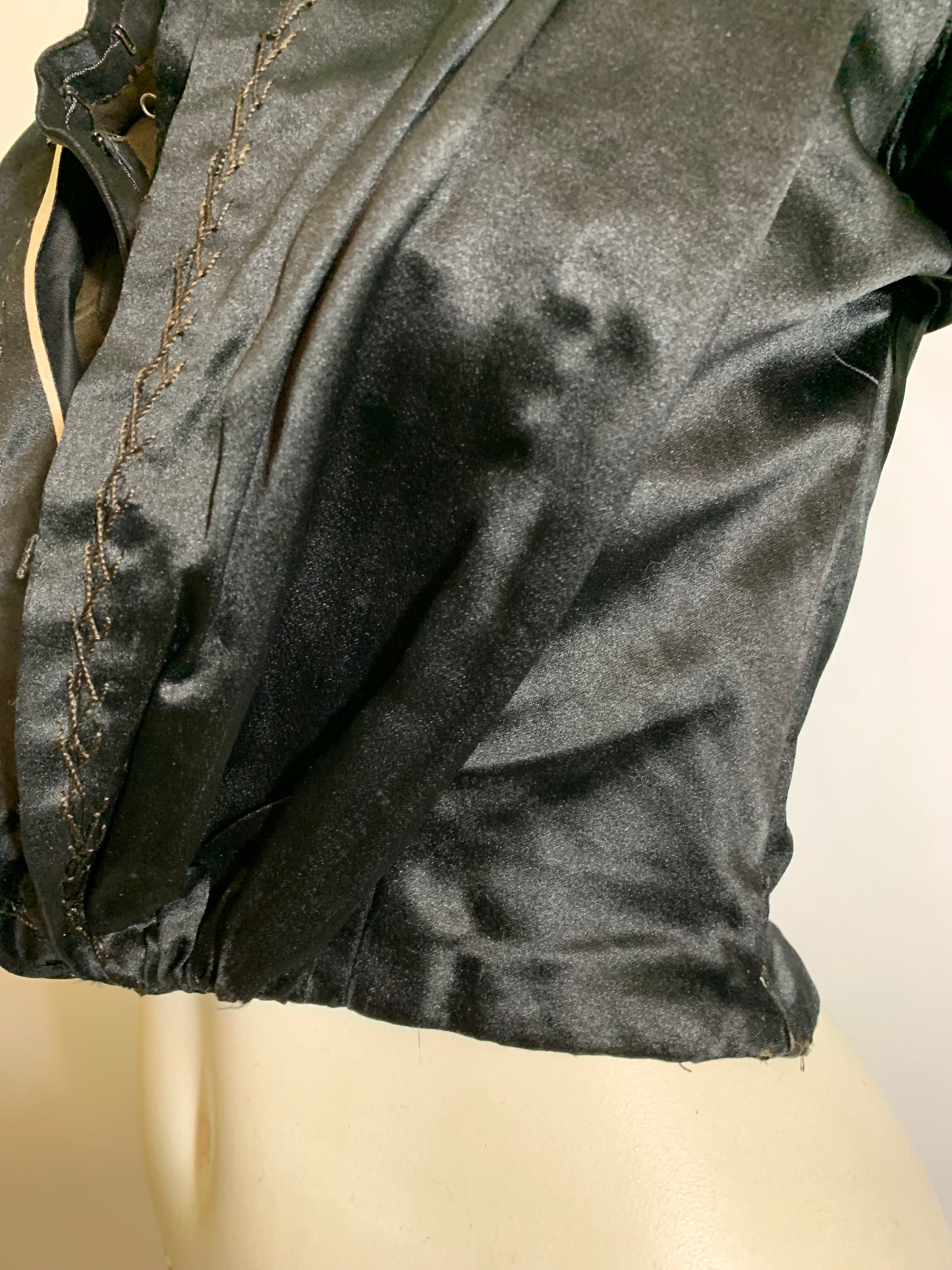 Black Silk Hook Front Puff Shoulder Bodice circa 1890s