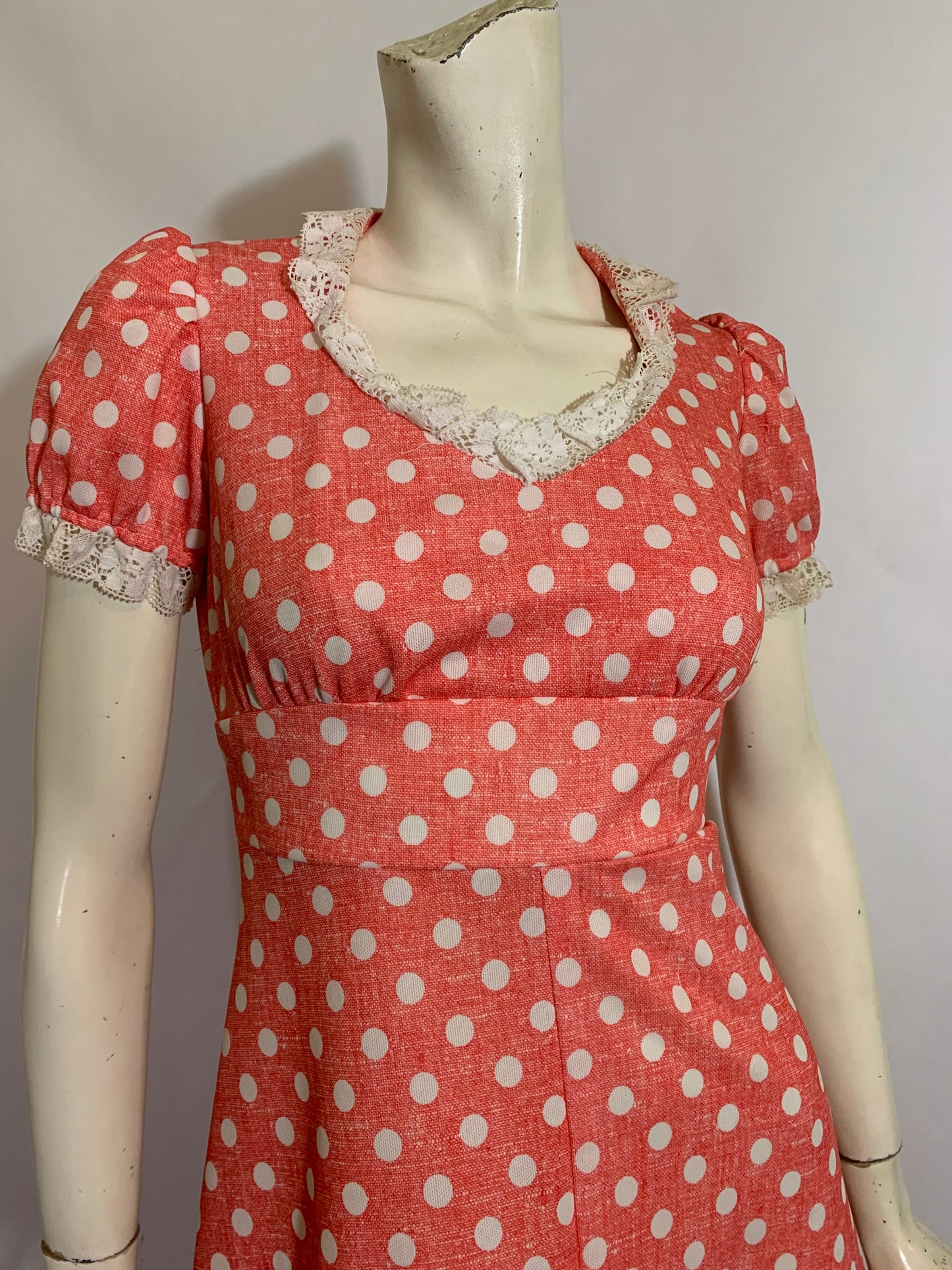 Pink and White Empire Waist Puff Sleeved Polka Dot Maxi Dress circa 1970s