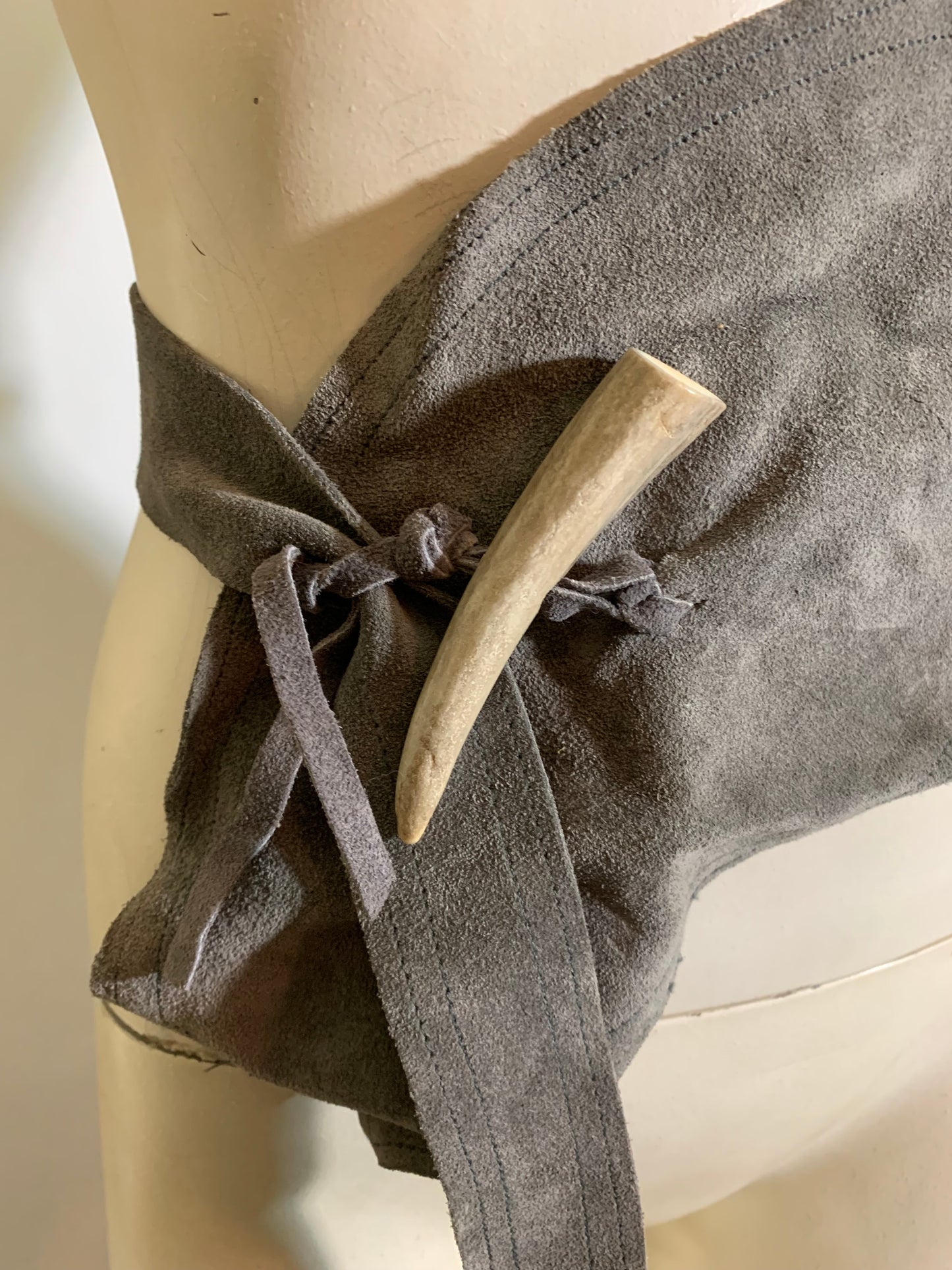 Smoky Grey Suede Faux Bone and Tie Closure circa 1980s