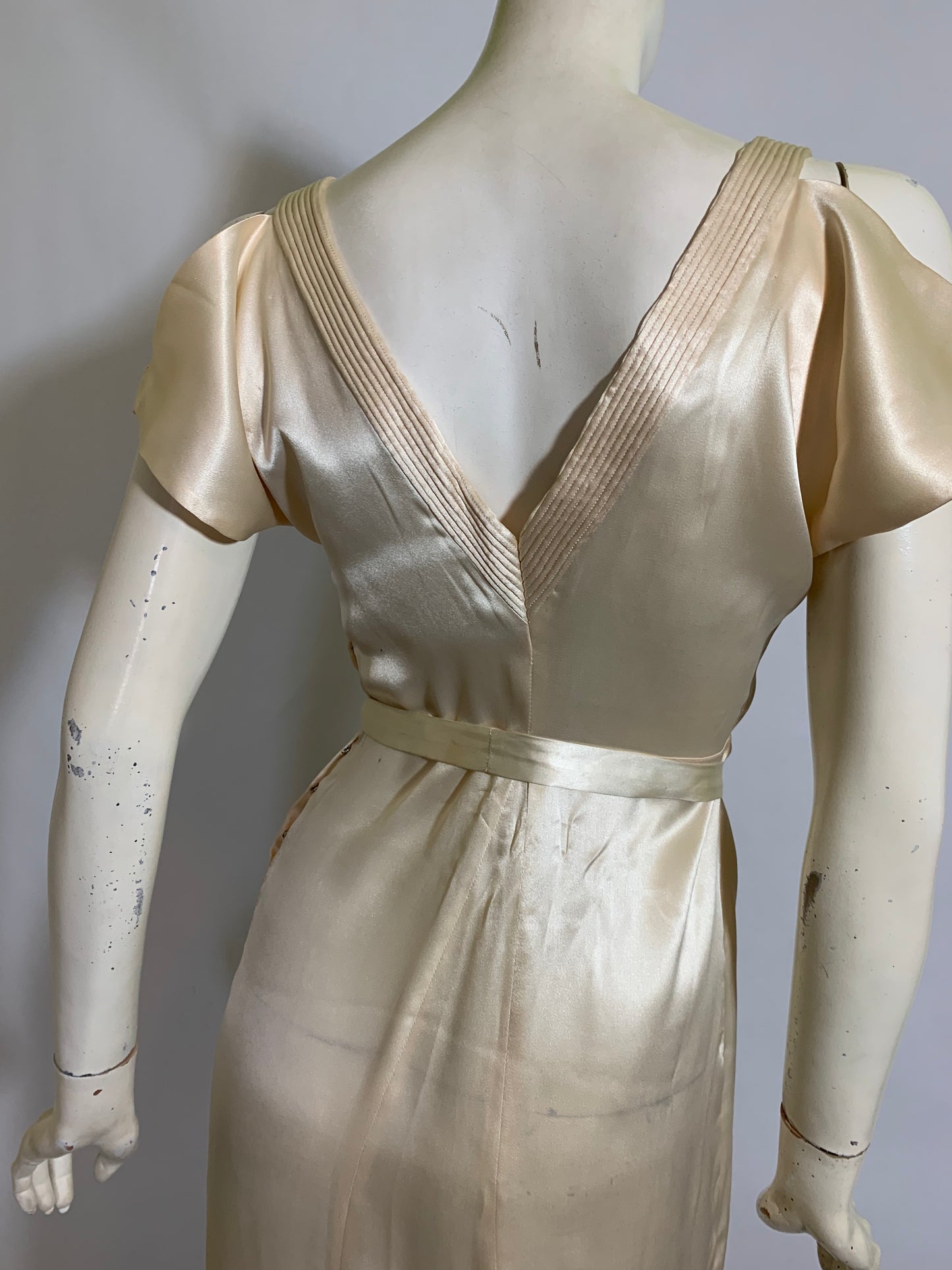 Art Deco Ivory Silk Wedding Dress with Long Train Jacket and Rhinestone Belt circa 1930s