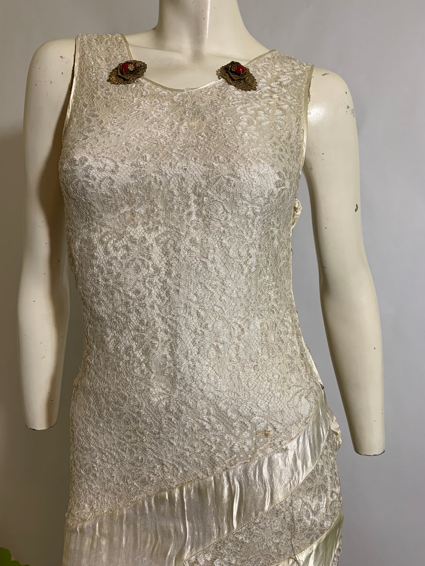 White Bias Cut Satin and Lace Dress circa 1930s