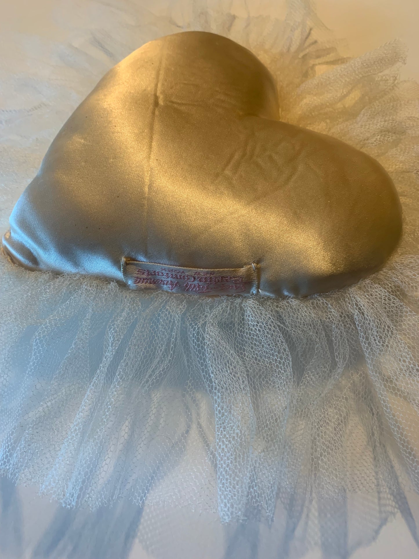 Something Old, Something Blue- "Happiness" Embroidered Satin Heart Shaped Pillow circa 1940s