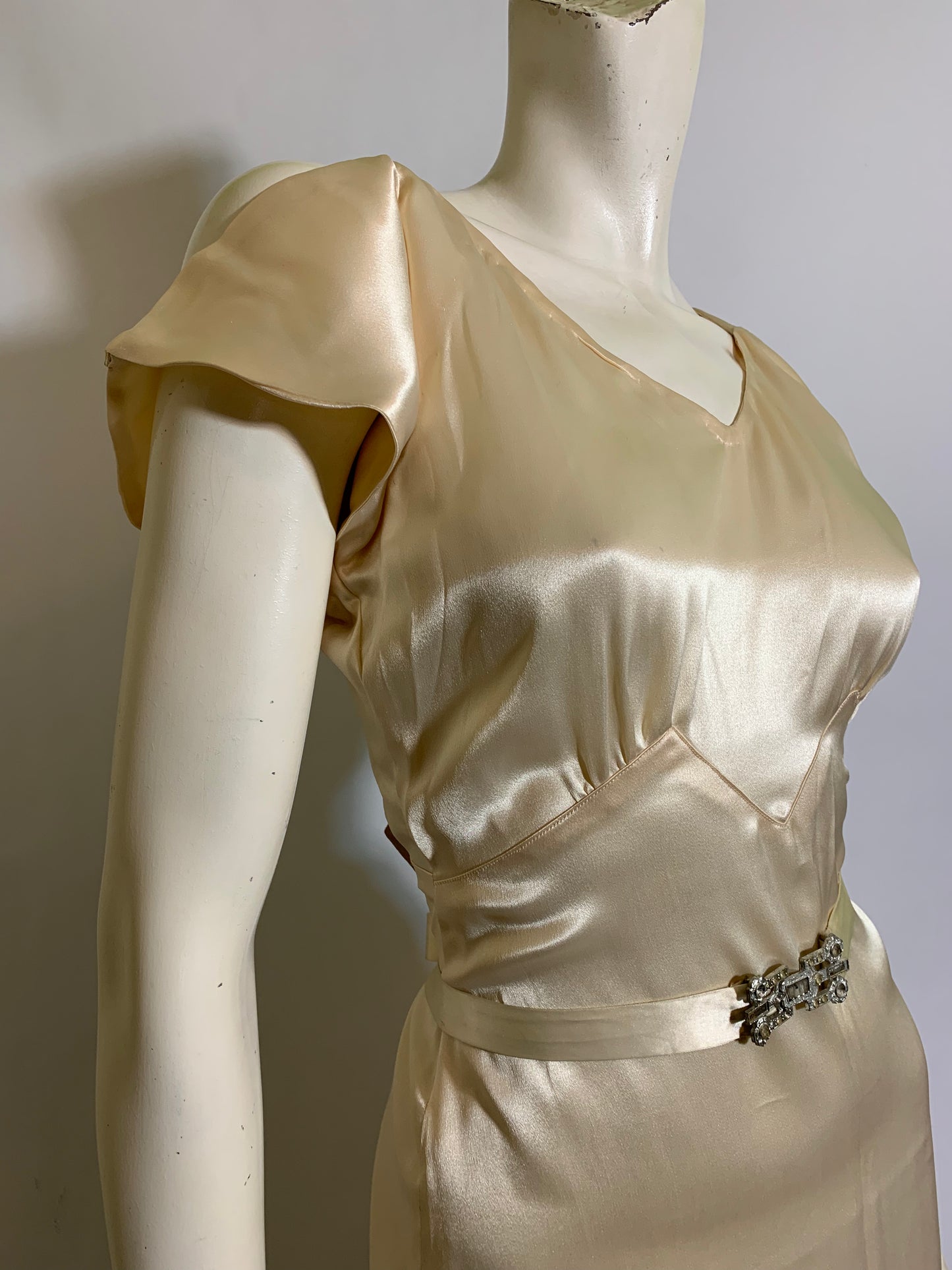 Art Deco Ivory Silk Wedding Dress with Long Train Jacket and Rhinestone Belt circa 1930s