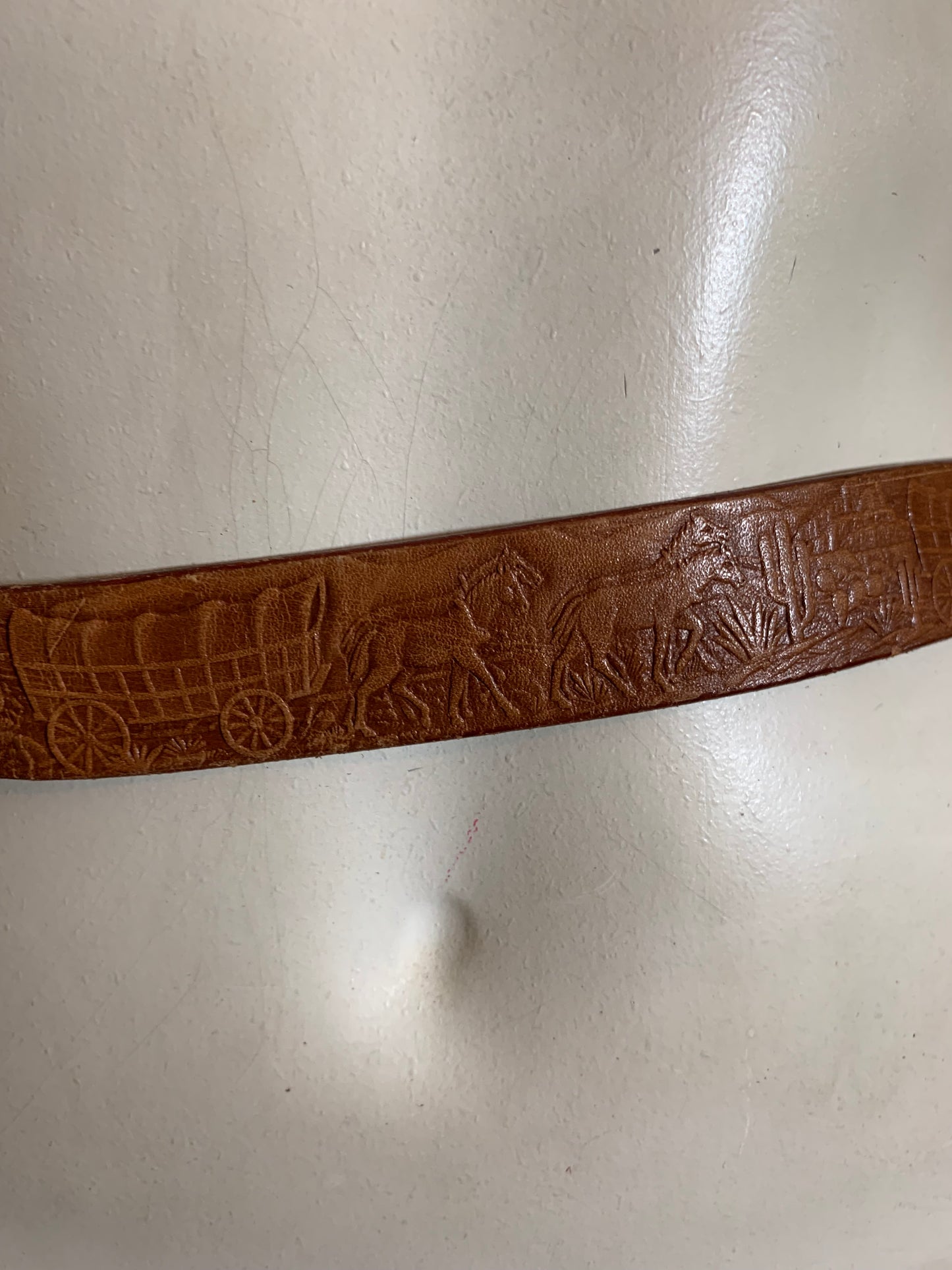 Iconic Tooled Western Leather Belt with Red Rhinestone on Cowboy with Horse circa 1950s