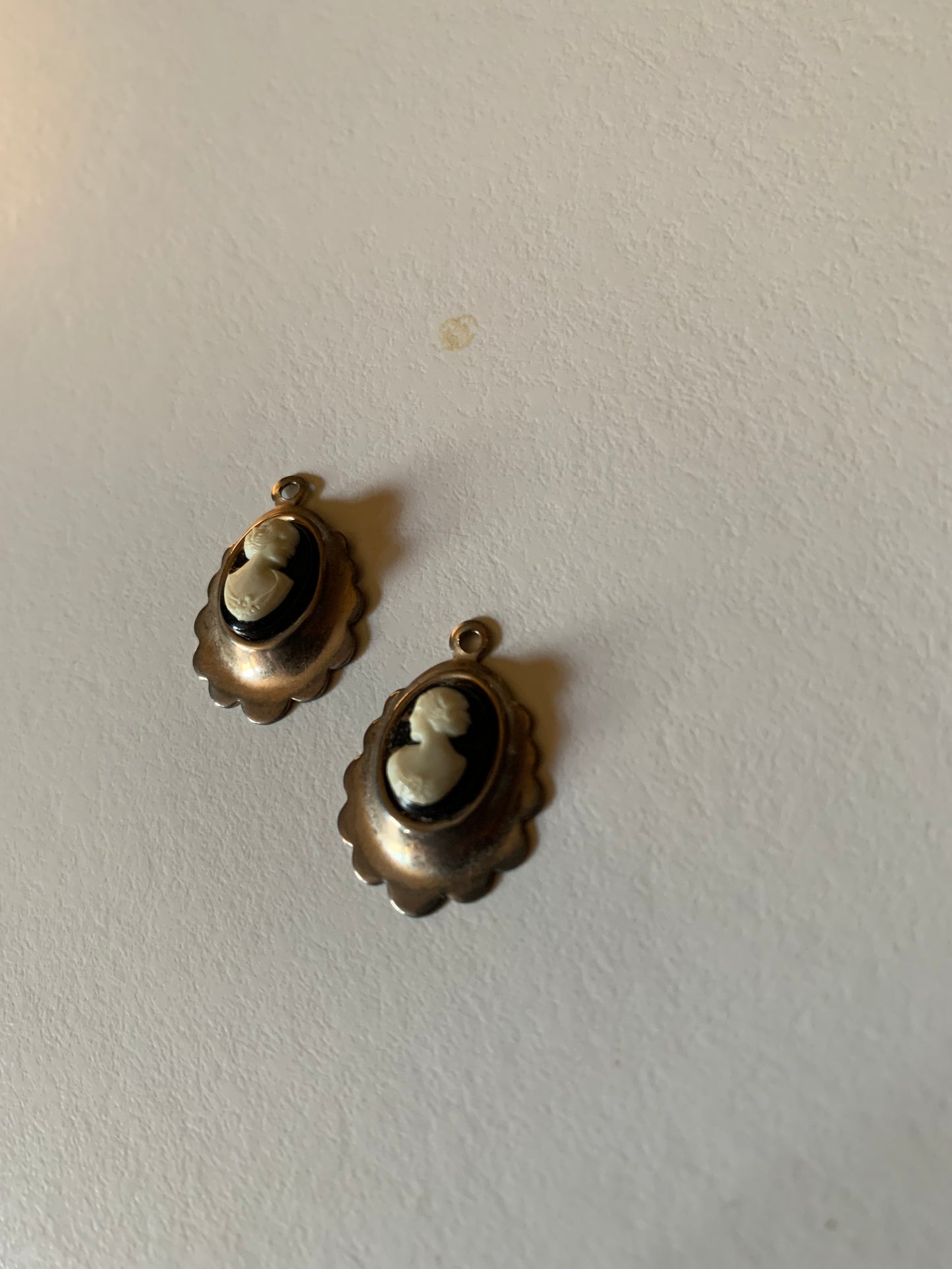 Black and Silver Plated Cameo Style Earrings Pendants circa 1940s