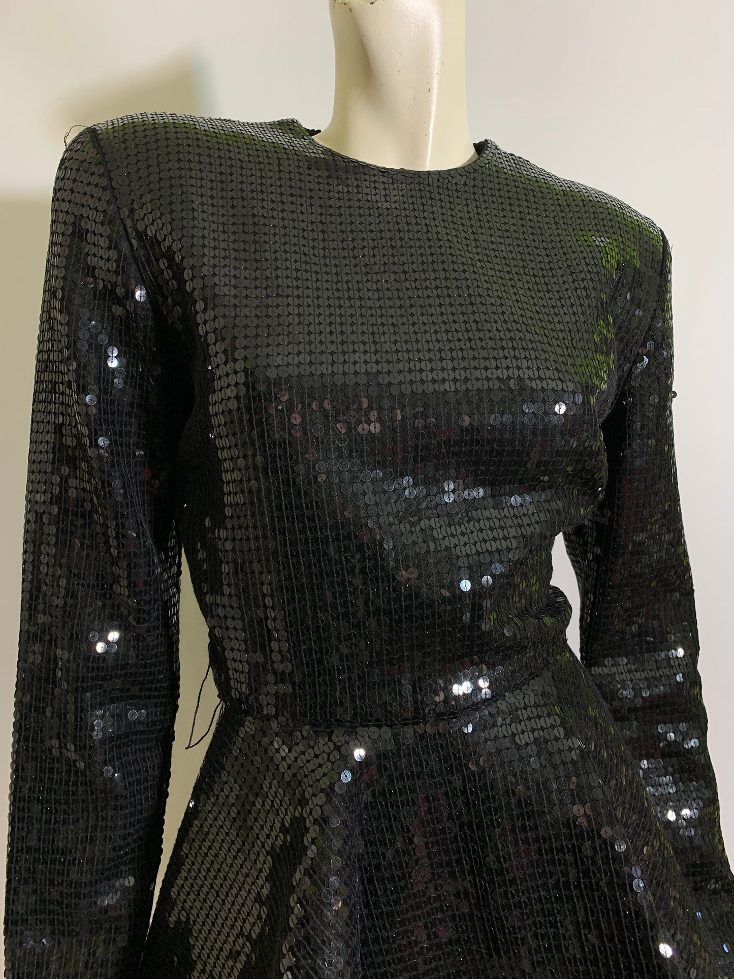 40s Inspired Black Sequined Peplum Blouse with Shoulder Pads circa 1980s