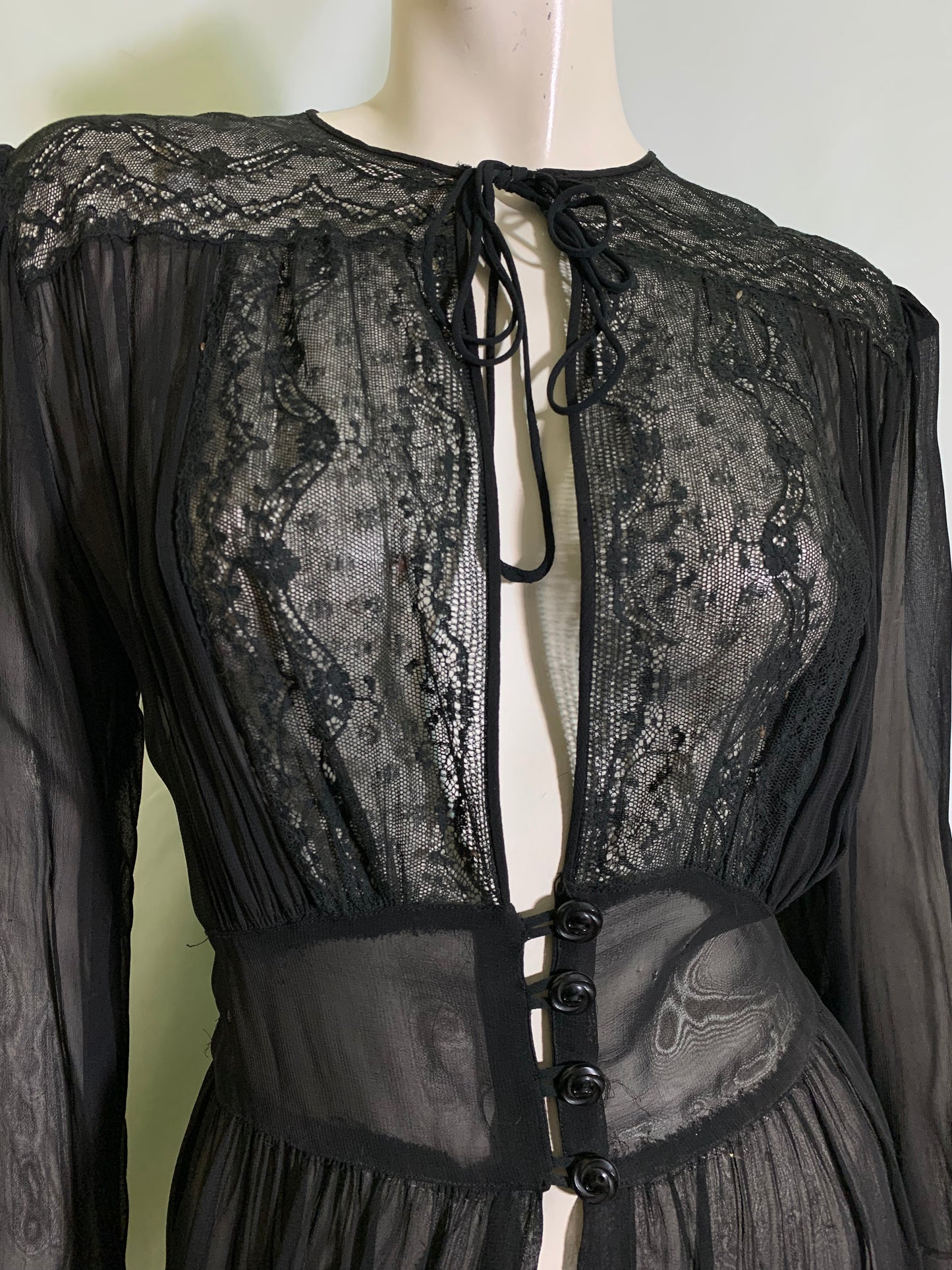 Sultry Sheer Black Lace Trimmed Boudoir Robe circa 1940s