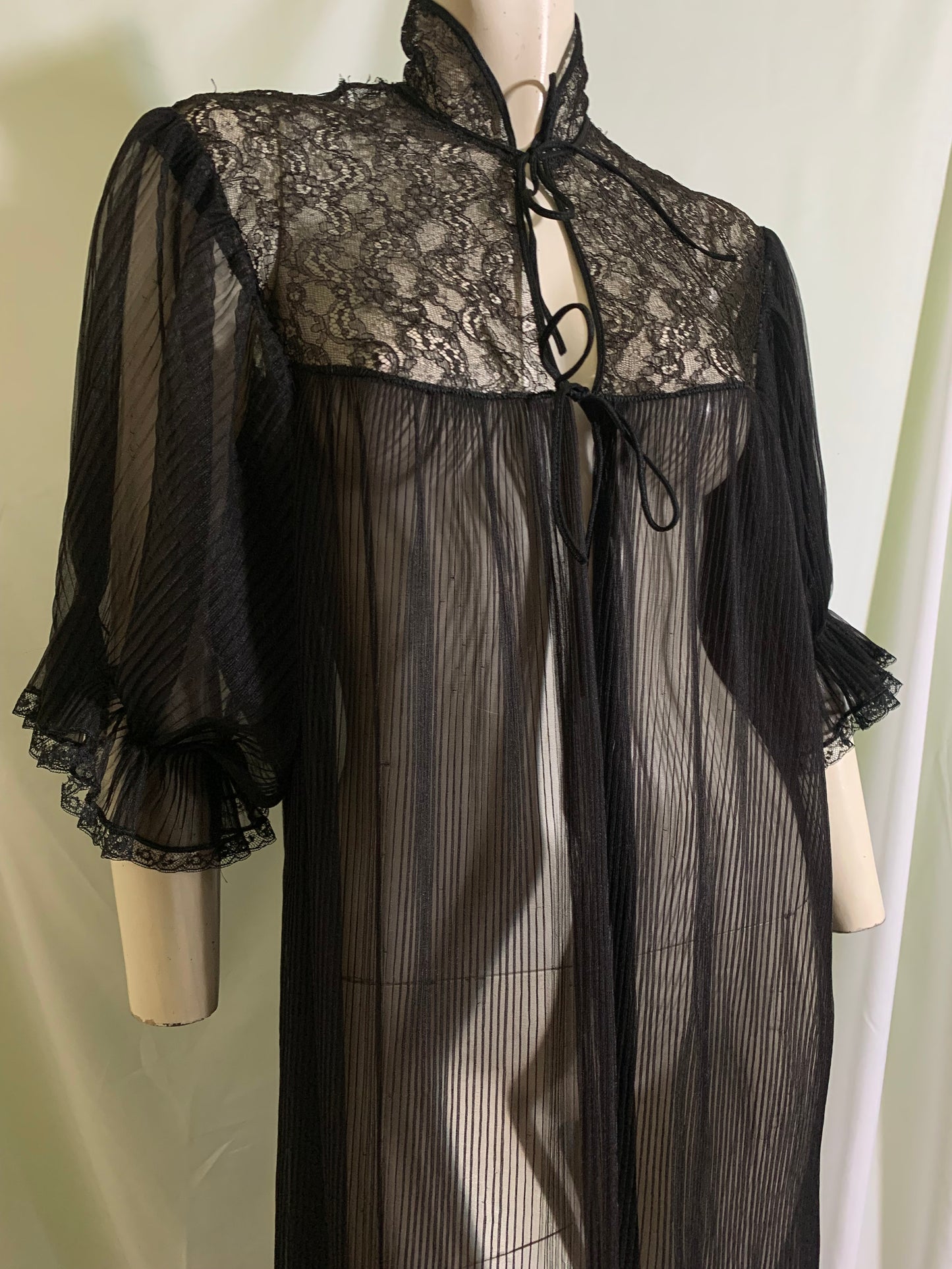 Sheer Black Pleated Chiffon Robe Lace Trim circa 1960s