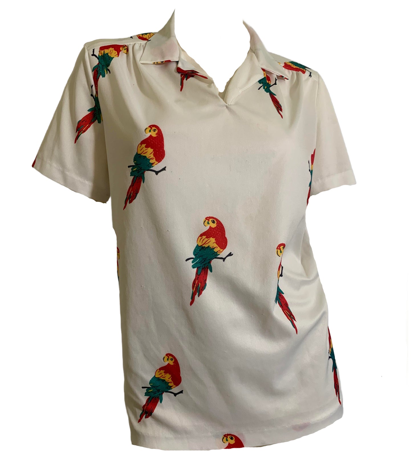 Parrot Print White Jersey Knit Pull Over Blouse circa 1980s