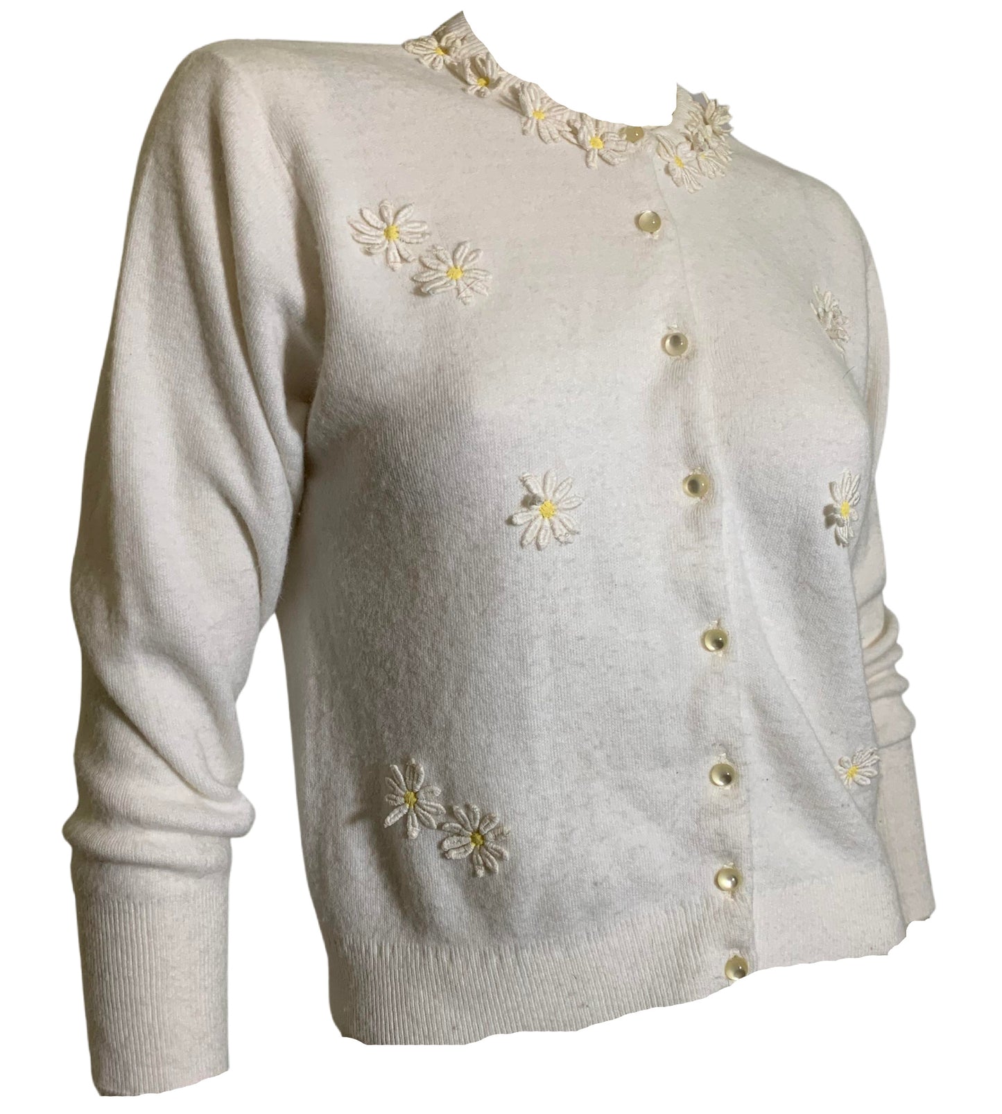 Daisy Chain Applique Trimmed White Orlon Cardigan Sweater circa 1950s