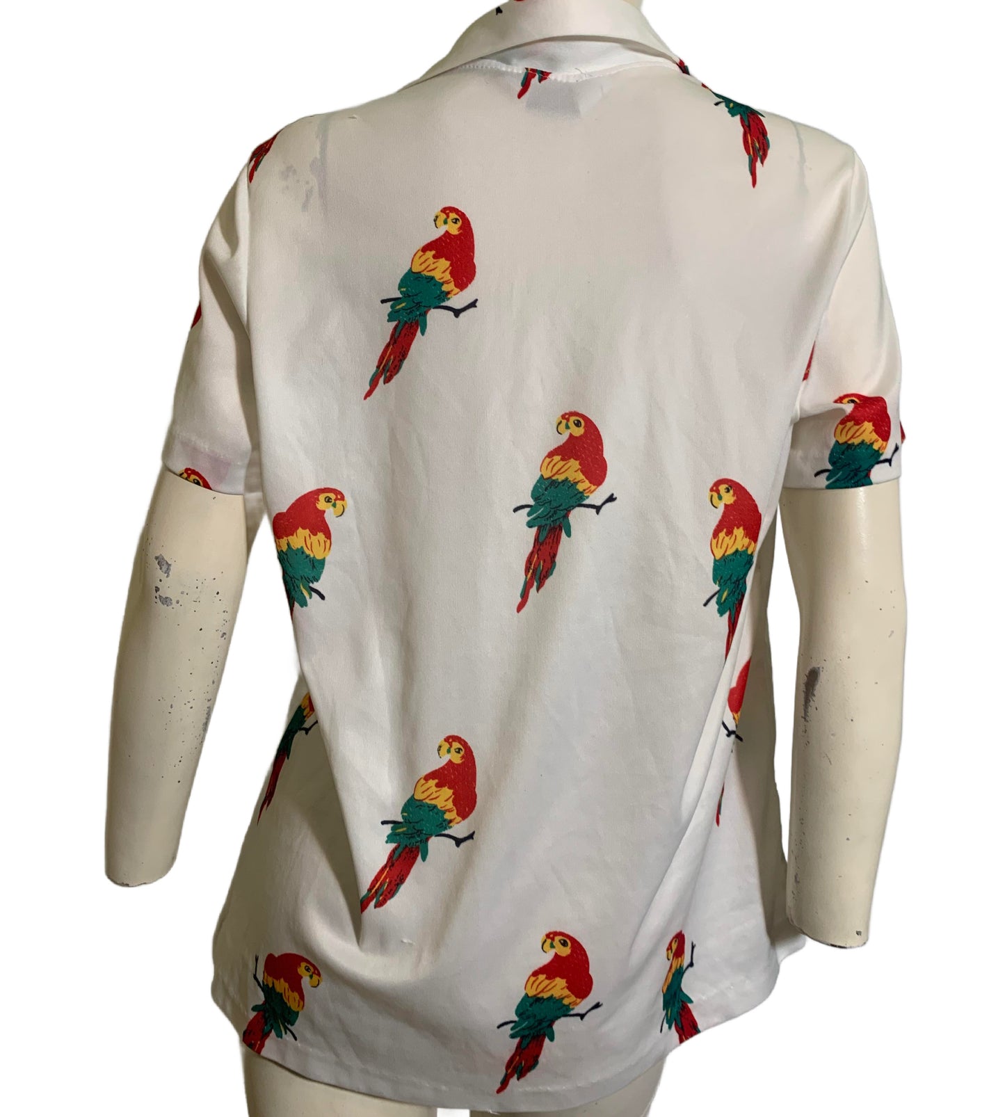 Parrot Print White Jersey Knit Pull Over Blouse circa 1980s