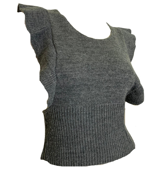 Graphite Grey Ruffled Sleeveless Sweater Open Sides circa 1980s