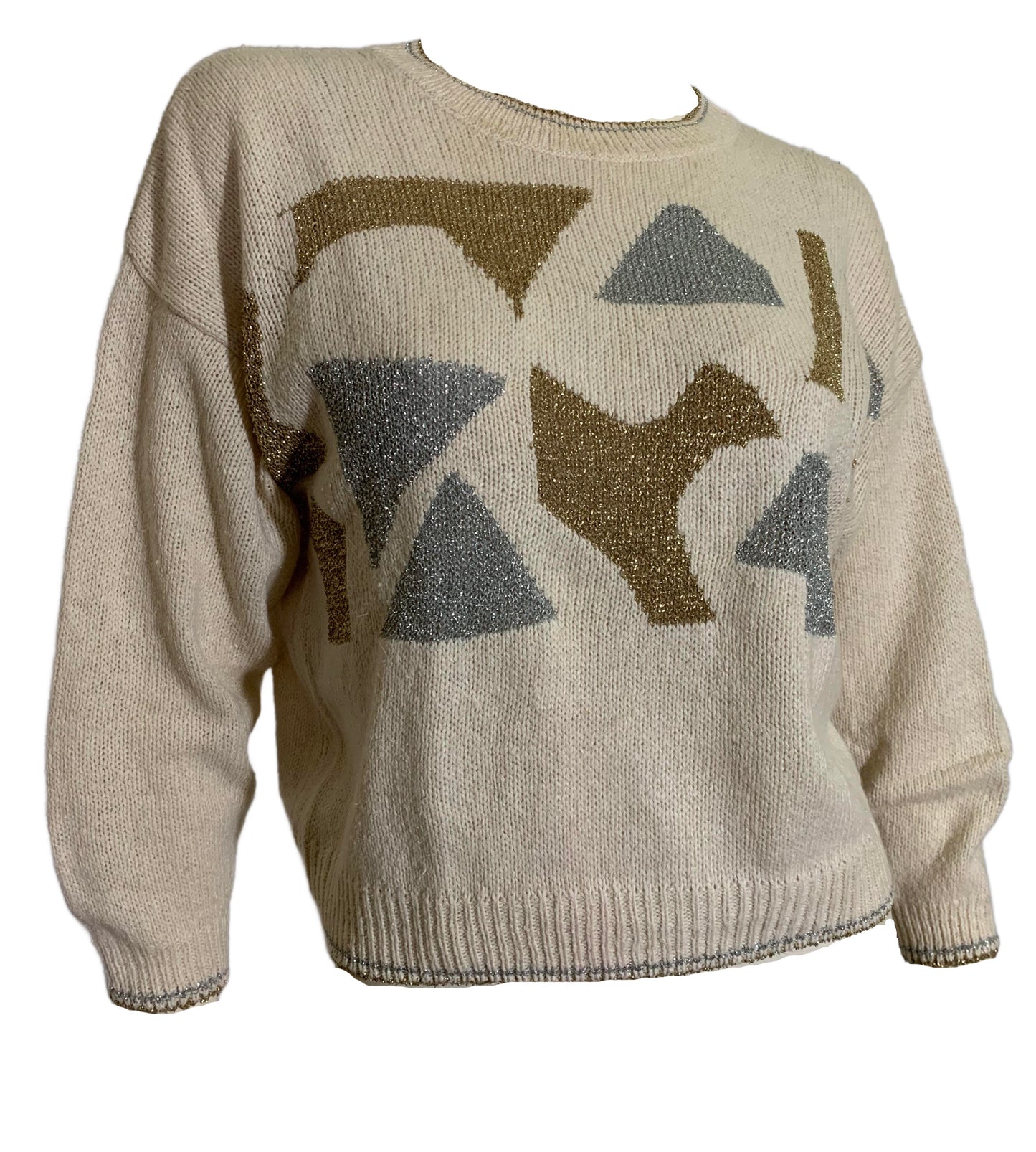 Angora Blend Sweater with Gold and Silver Metallic Geometric Design circa 1980s