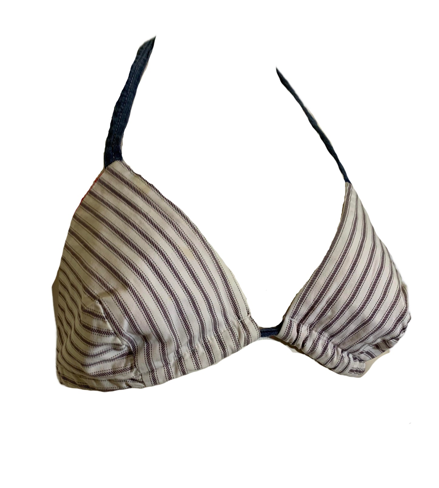 Ticking Striped Bikini Top with Red Gingham Reverse circa 1970s