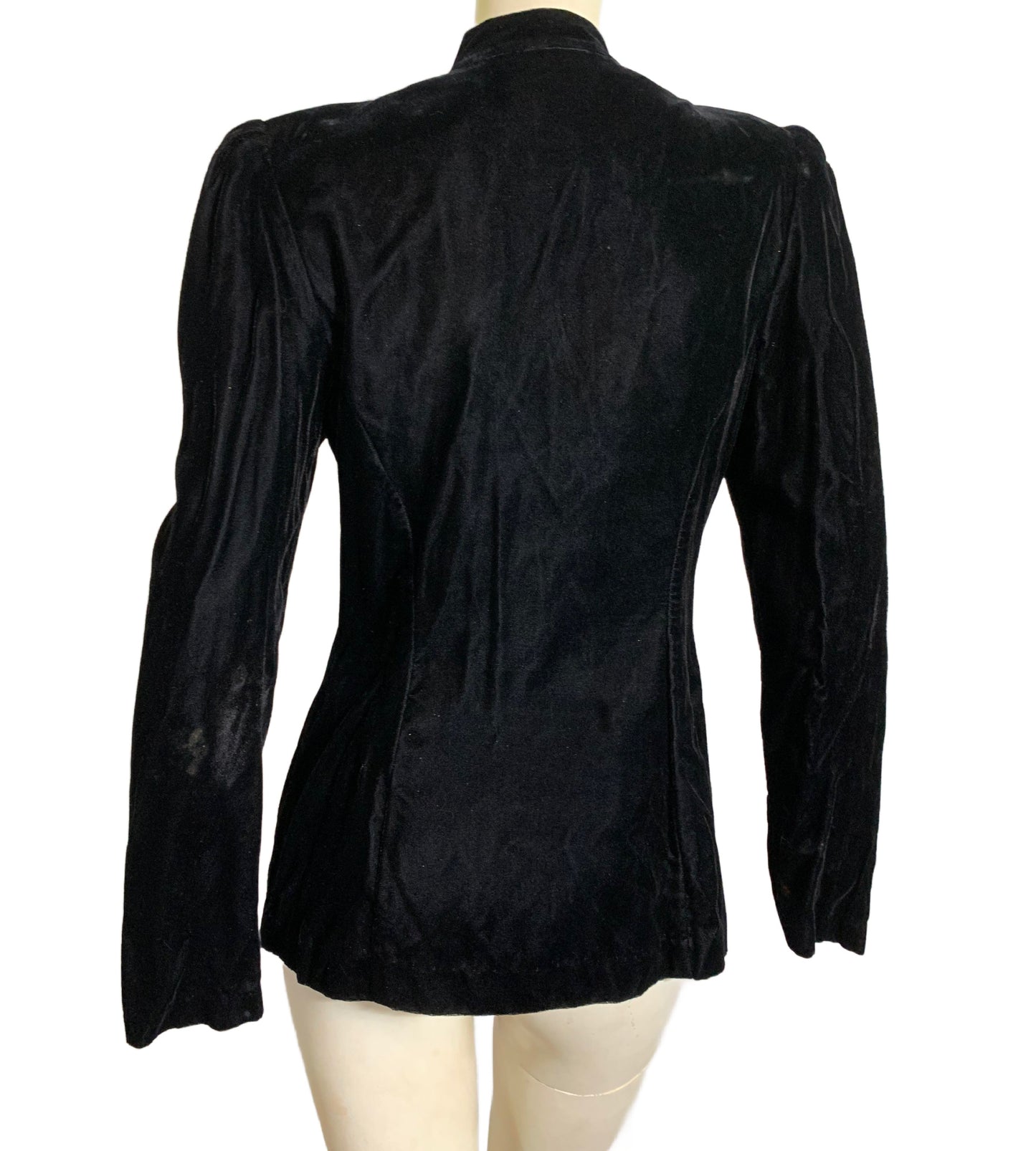 Noir Diva Black Velvet Nipped Waist Jacket with Lace Trim circa 1980s