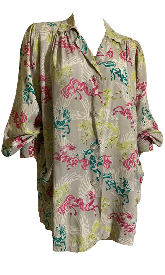 Magical Multicolored PEGASUS Novelty Print Rayon Smock Blouse circa 1940s