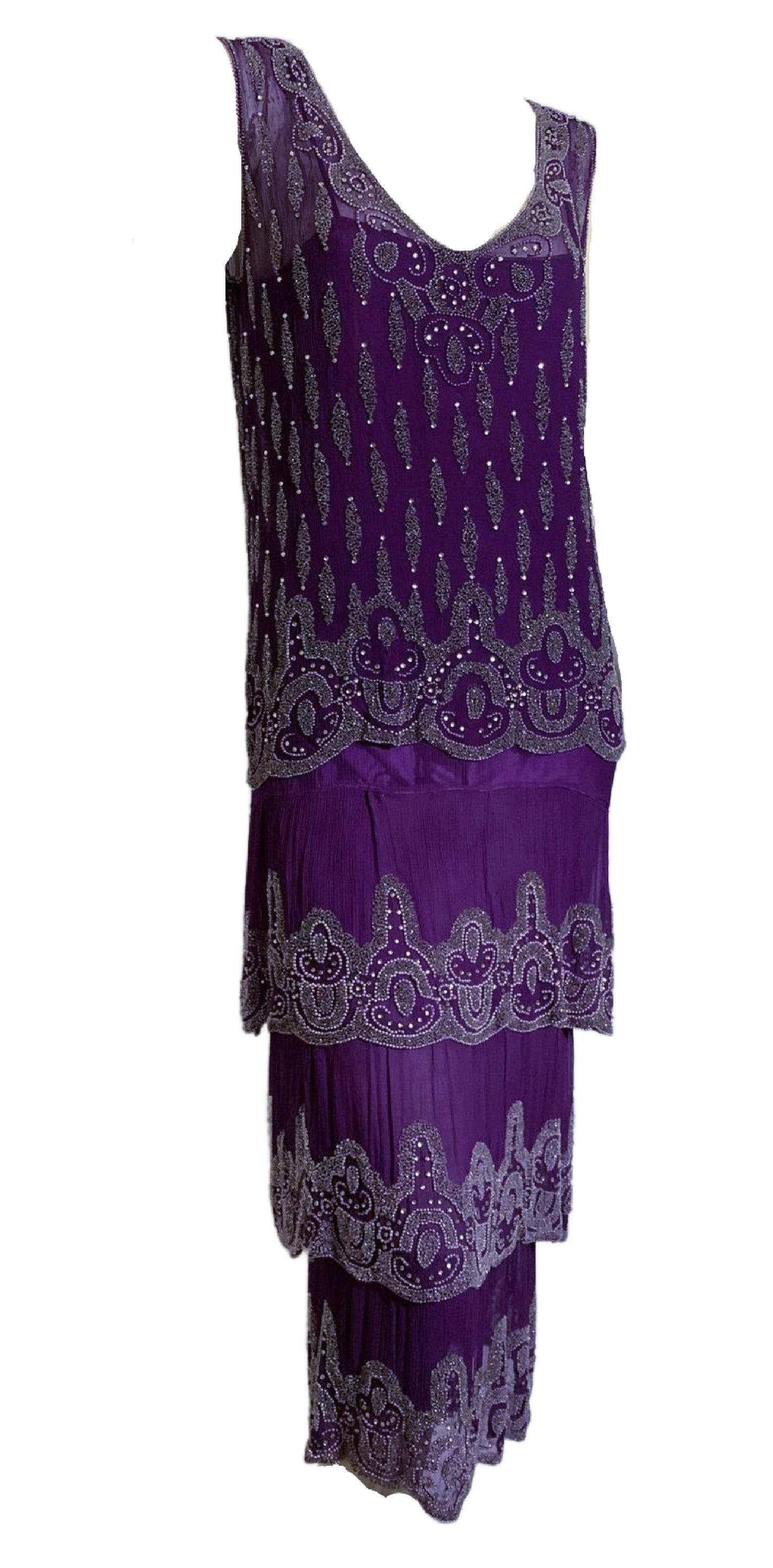 Vivid Violet Two Piece Beaded Silk Chiffon Dress circa 1920s