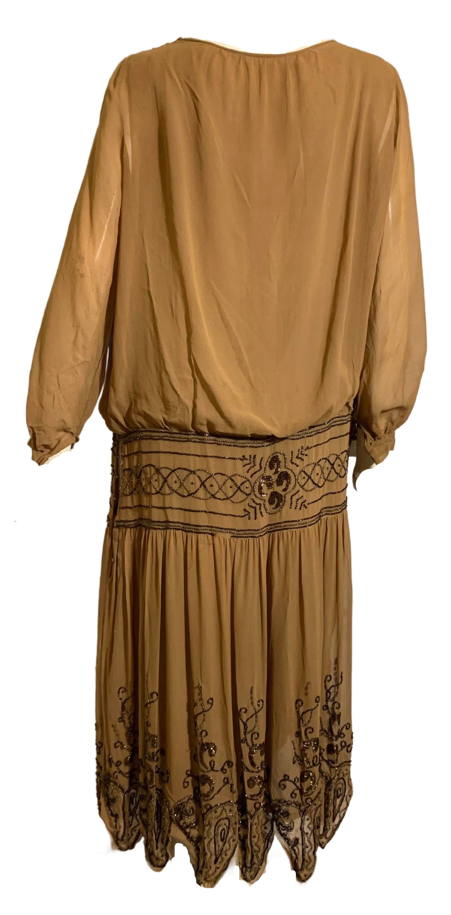 Cinnamon Silk Blouson Dropped Waist Beaded Dress circa 1920s