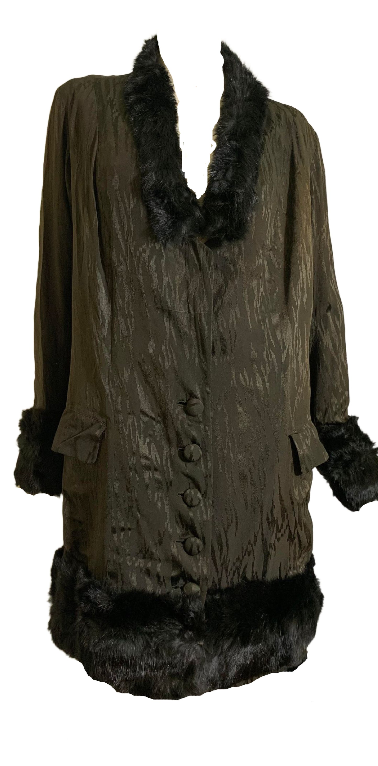 Fur Trimmed Flame Textured Silk Jacket and Skirt in Rich Deep Brown circa 1910s