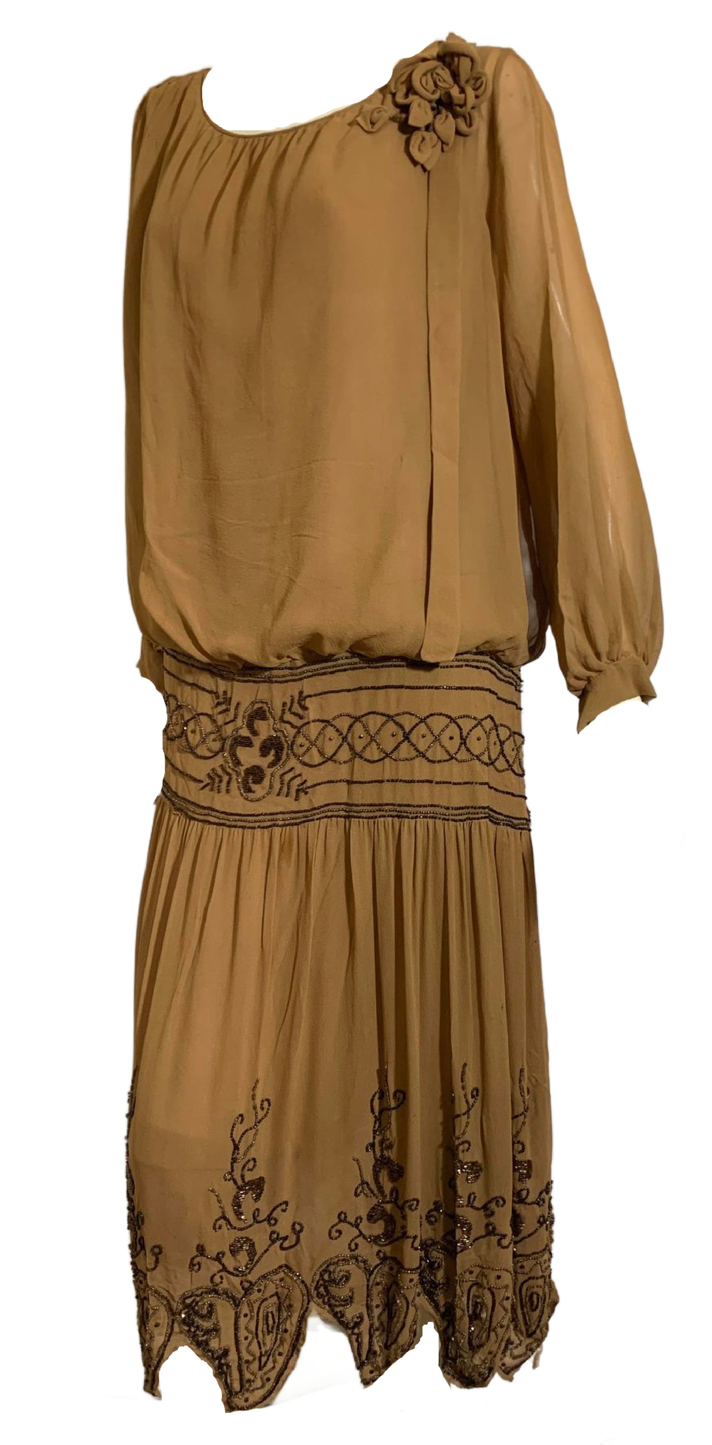 Cinnamon Silk Blouson Dropped Waist Beaded Dress circa 1920s