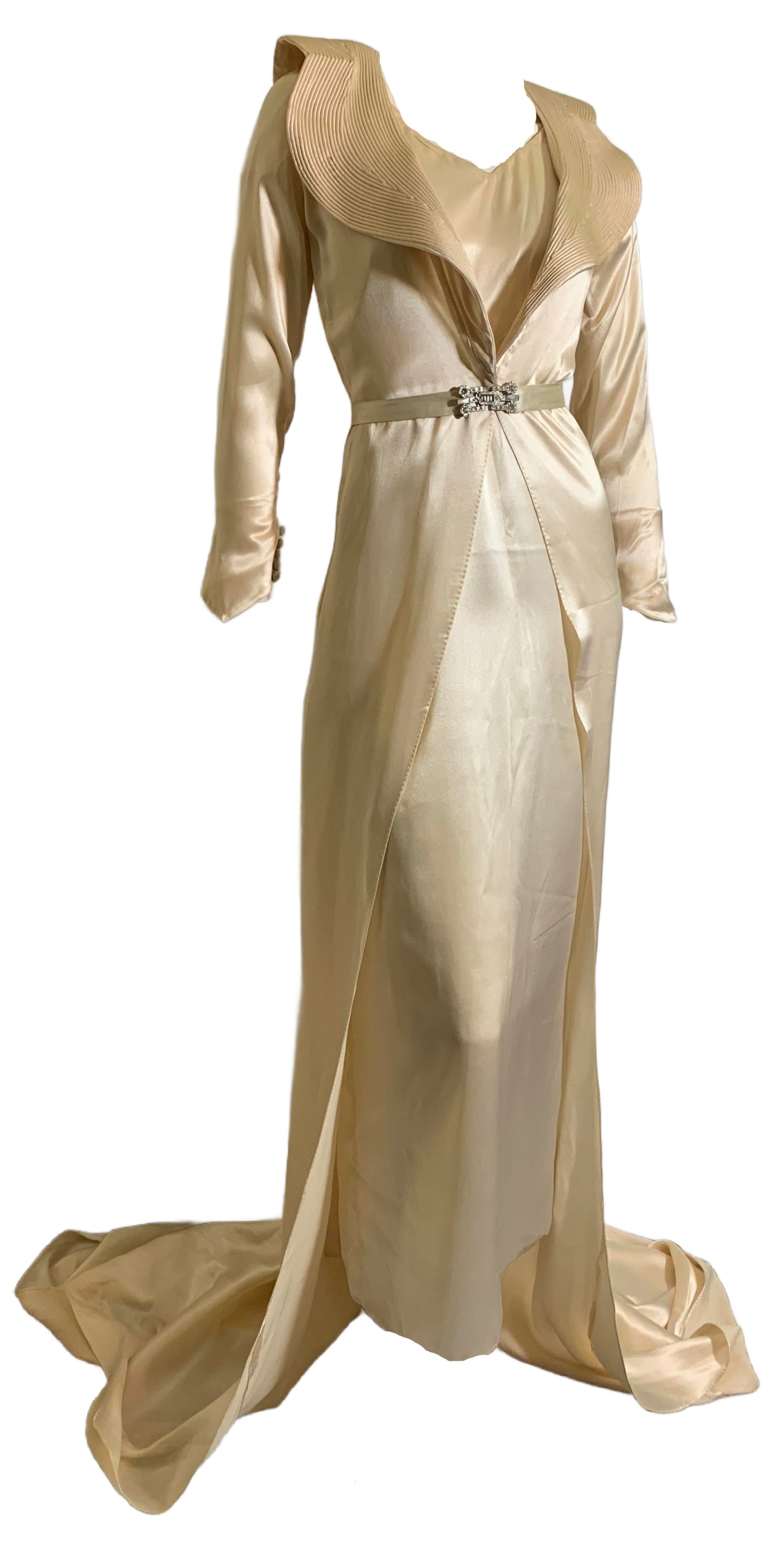 Art Deco Ivory Silk Wedding Dress with Long Train Jacket and Rhinestone Belt circa 1930s