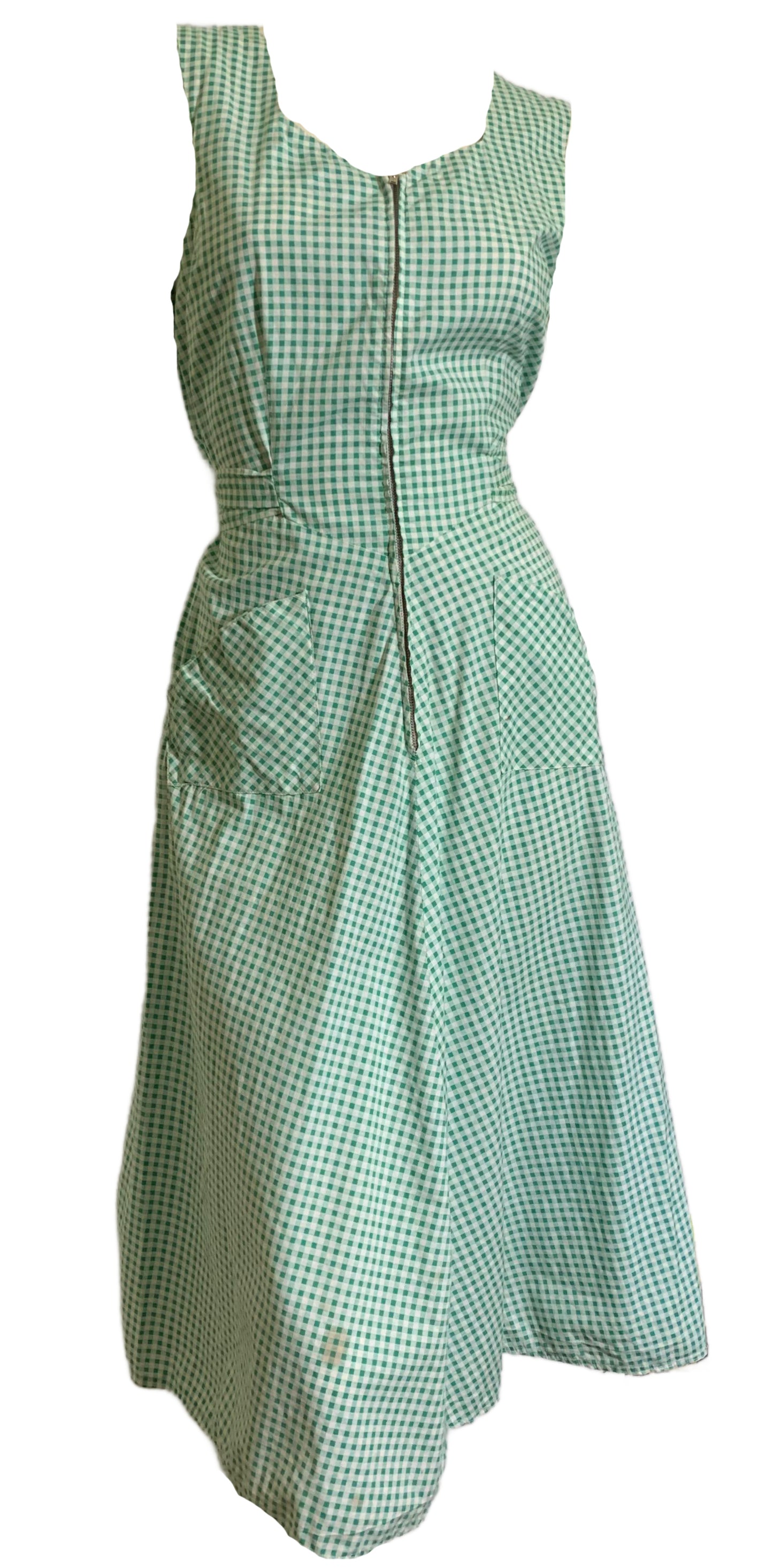 Grassy Green Gingham Cotton Day Dress with Zip Front circa 1940s