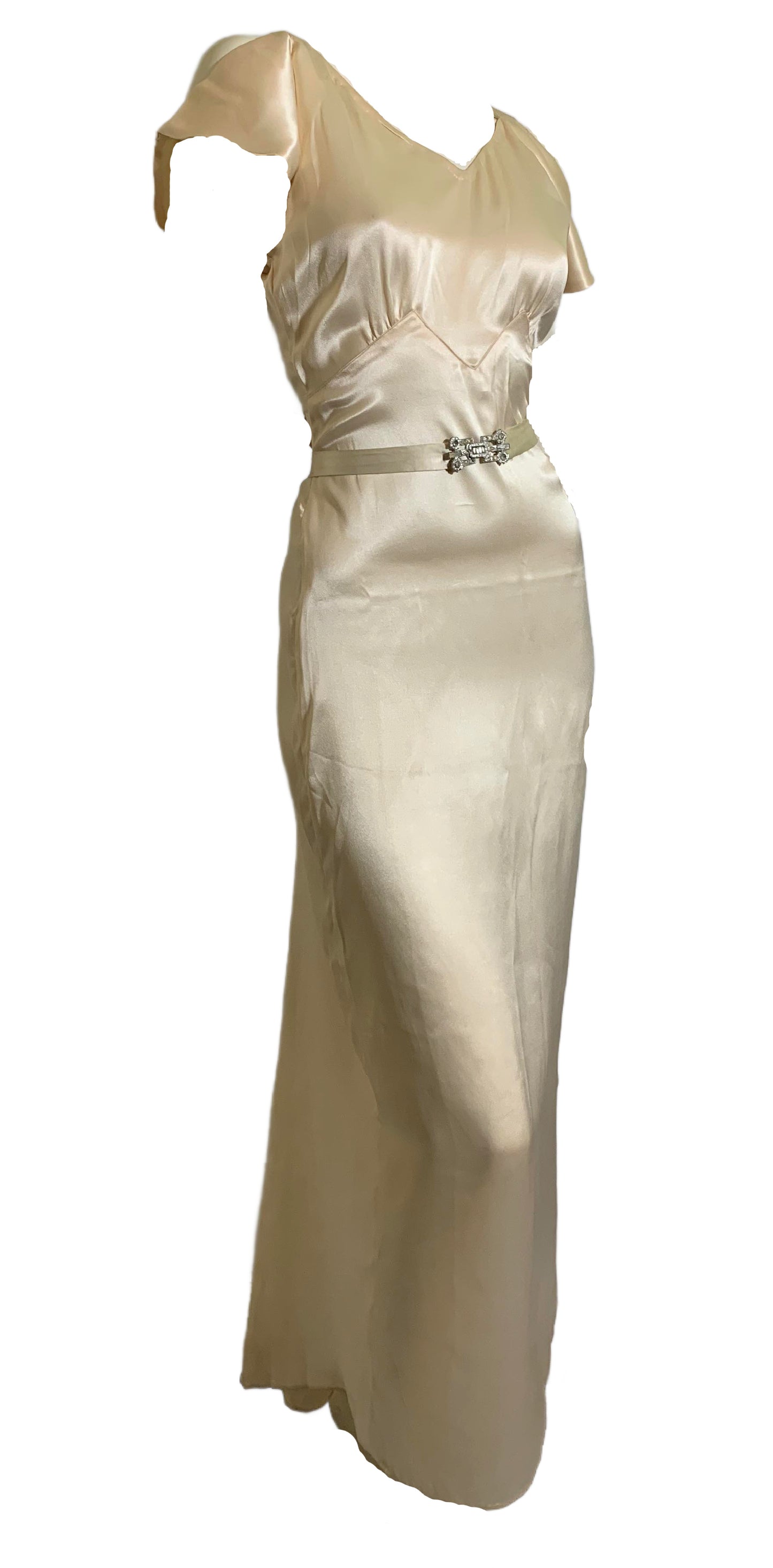 Art Deco Ivory Silk Wedding Dress with Long Train Jacket and Rhinestone Belt circa 1930s