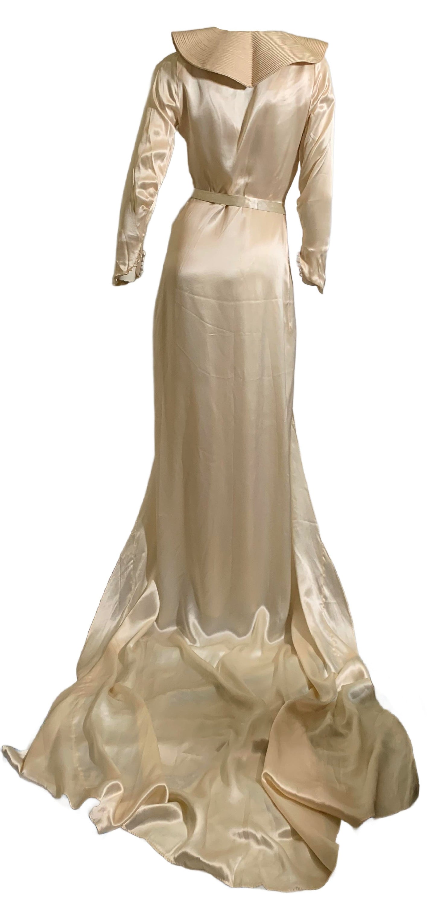 Art Deco Ivory Silk Wedding Dress with Long Train Jacket and Rhinestone Belt circa 1930s