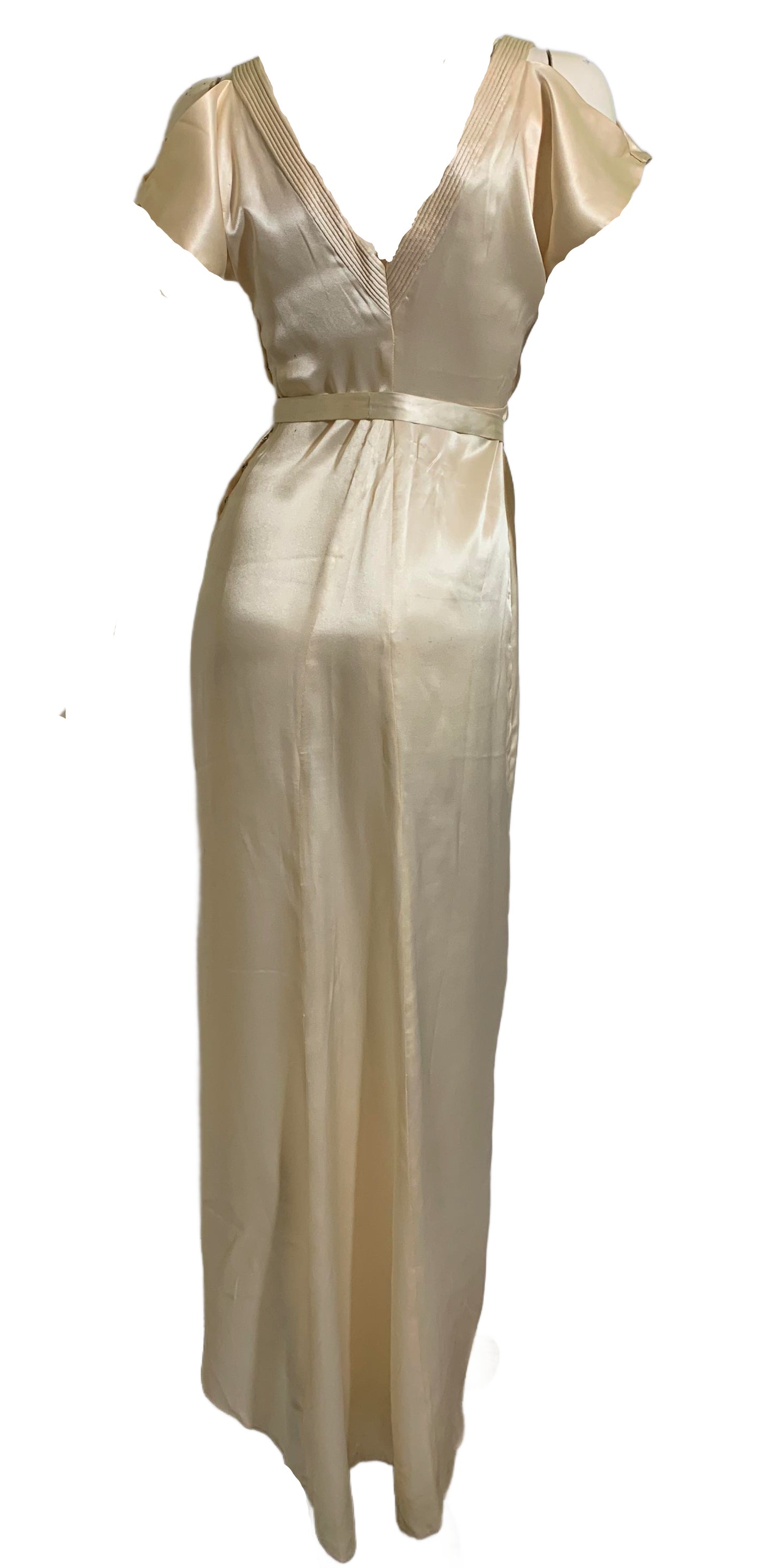 Art Deco Ivory Silk Wedding Dress with Long Train Jacket and Rhinestone Belt circa 1930s