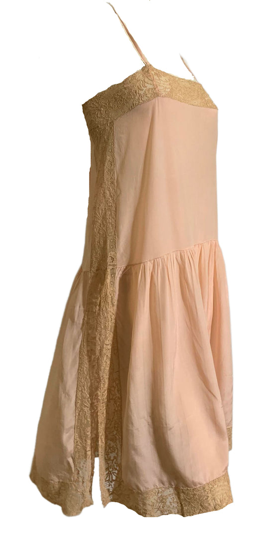 High Slit Lace Trimmed Peach Silk Full Slip circa 1920s